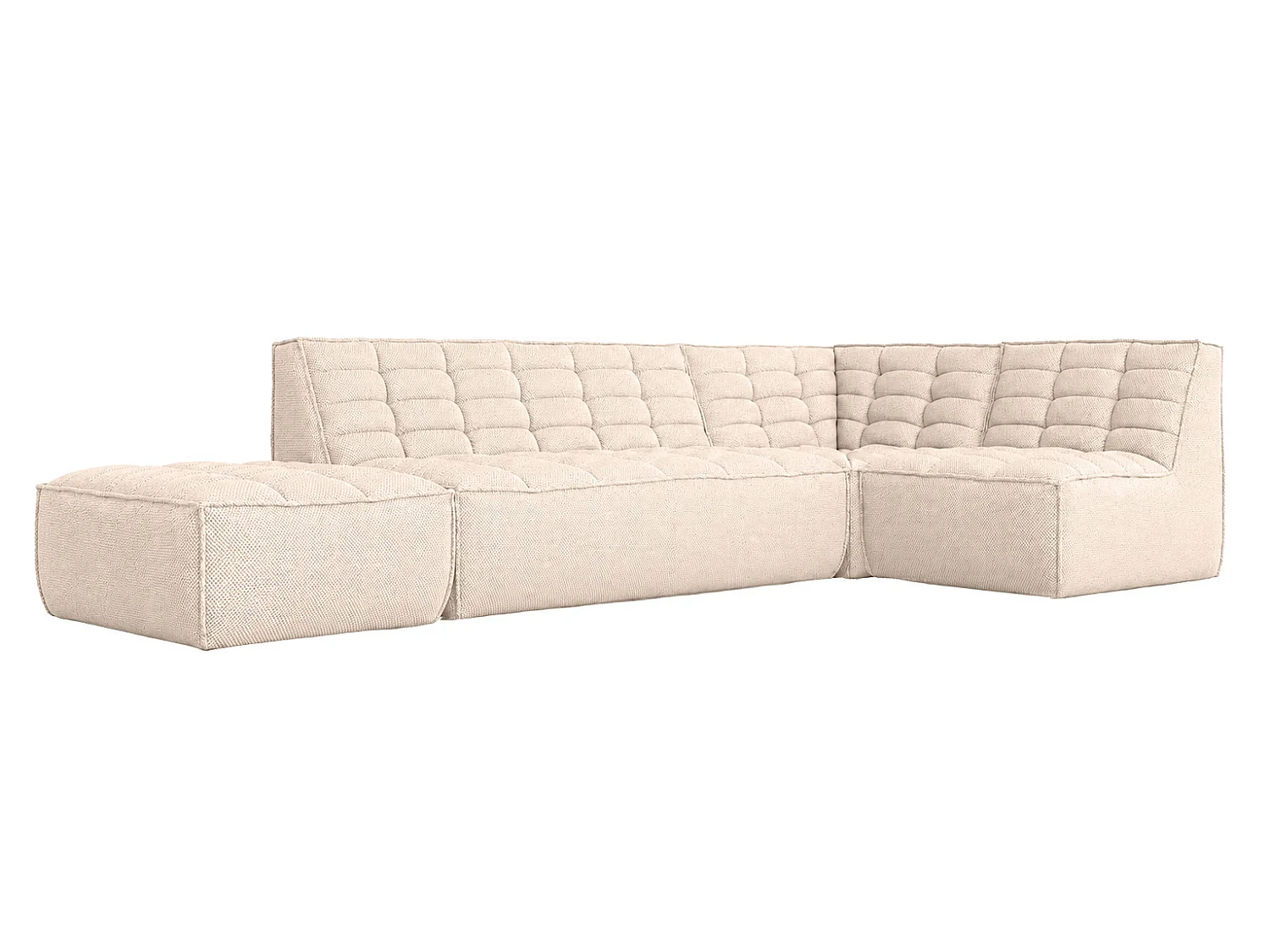 Canapé d’angle modulable en L avec pouf, tissu peluche Pop, crème, droite, LAZY L avec pouf