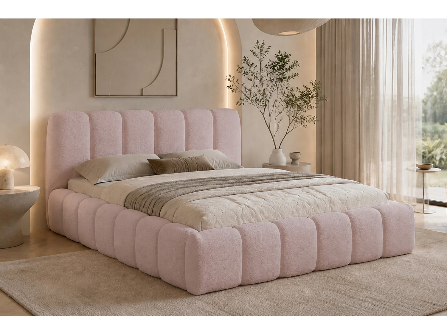 Lit rembourré avec coffre de rangement, tissu chenille Catch Me, rose clair, 180x200 cm, MICANDI