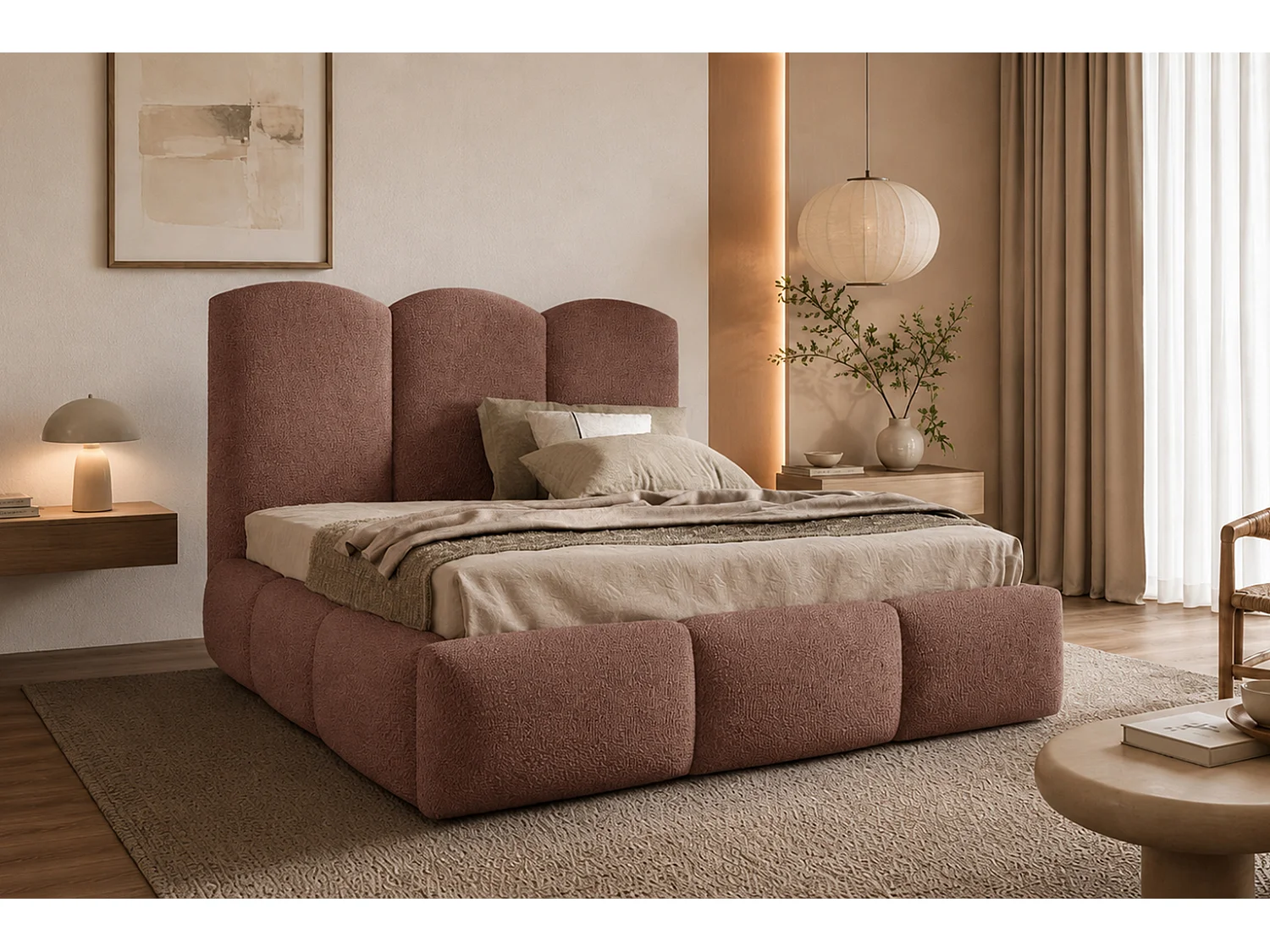 Lit rembourré avec coffre de rangement, tissu bouclé Baloo, rose, 180x200 cm, BERO