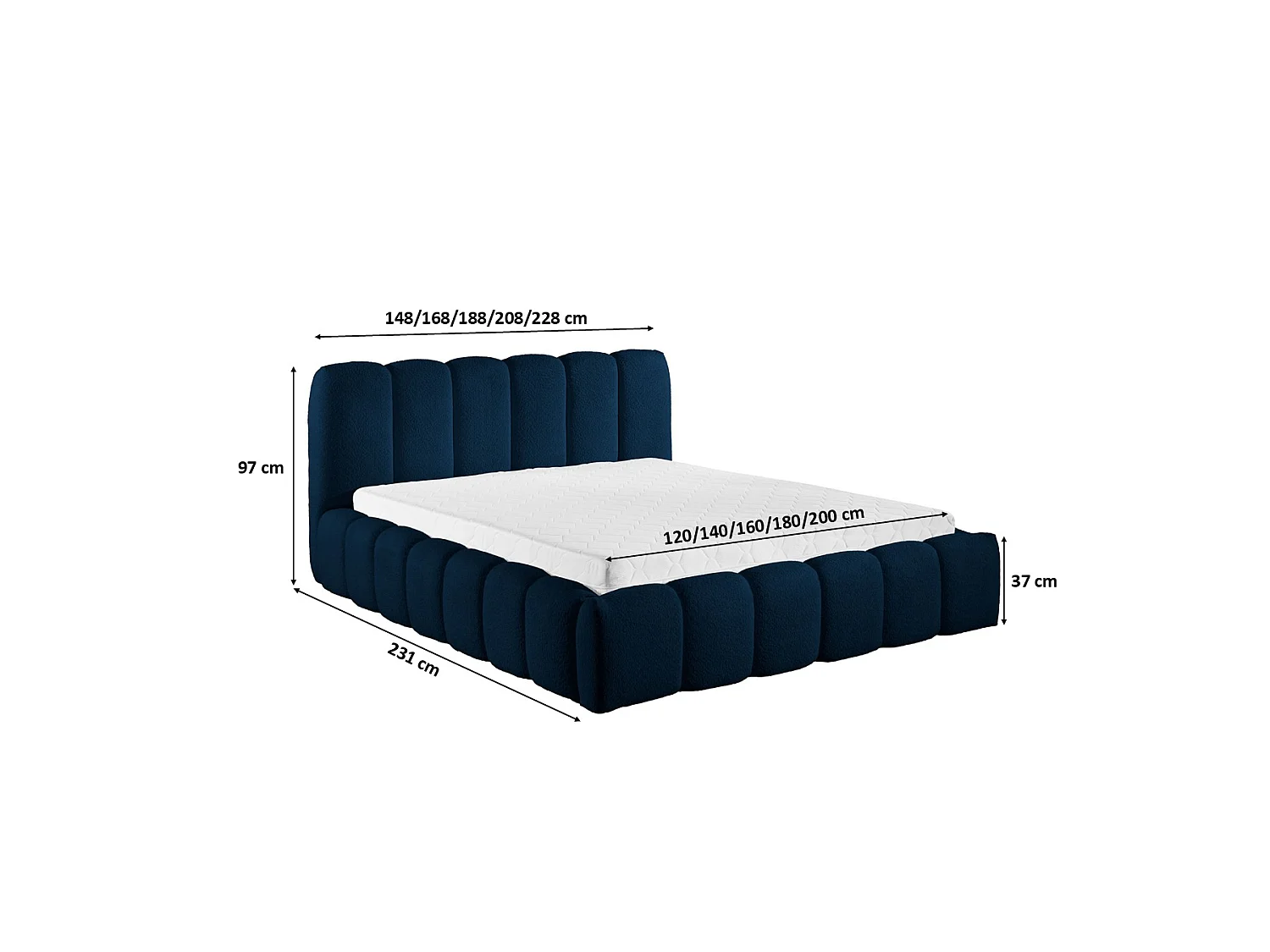 Lit rembourré avec coffre de rangement, tissu chenille Catch Me, bleu marine, 140x200 cm, MICANDI