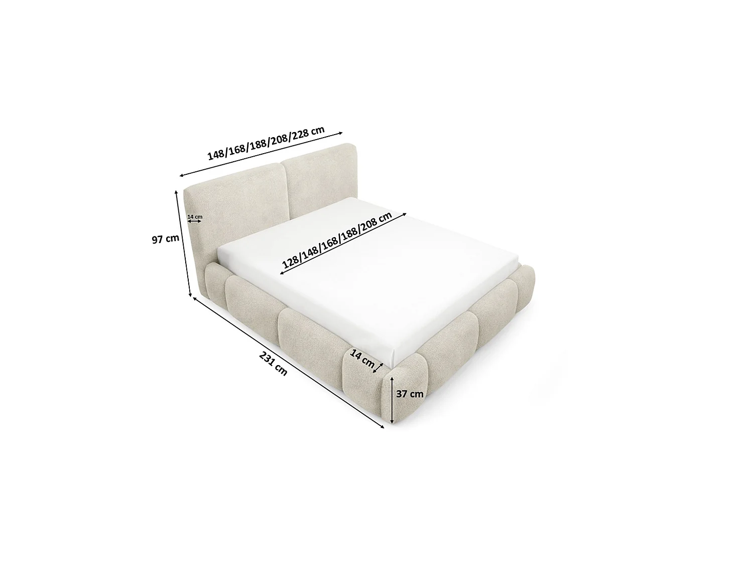 Letto imbottito con contenitore, tessuto bouclé Coral, beige, 180x200 cm, ABIK