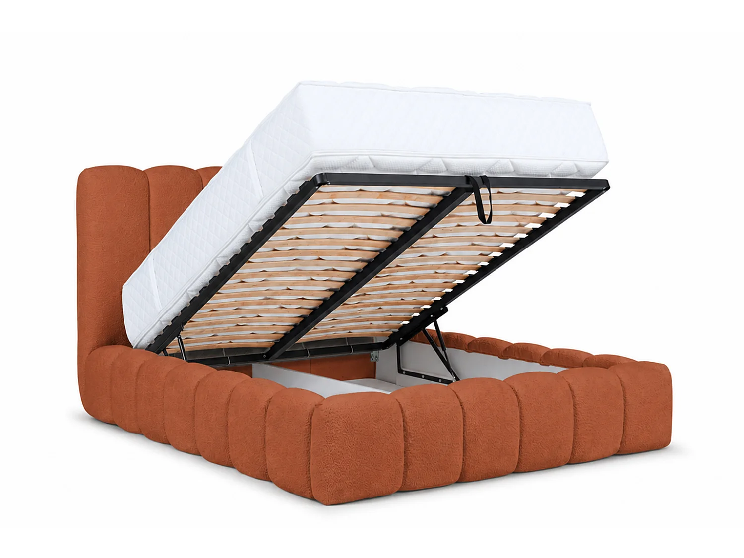 Lit rembourré avec coffre de rangement, tissu chenille Catch Me, orange, 200x200 cm, CANDE