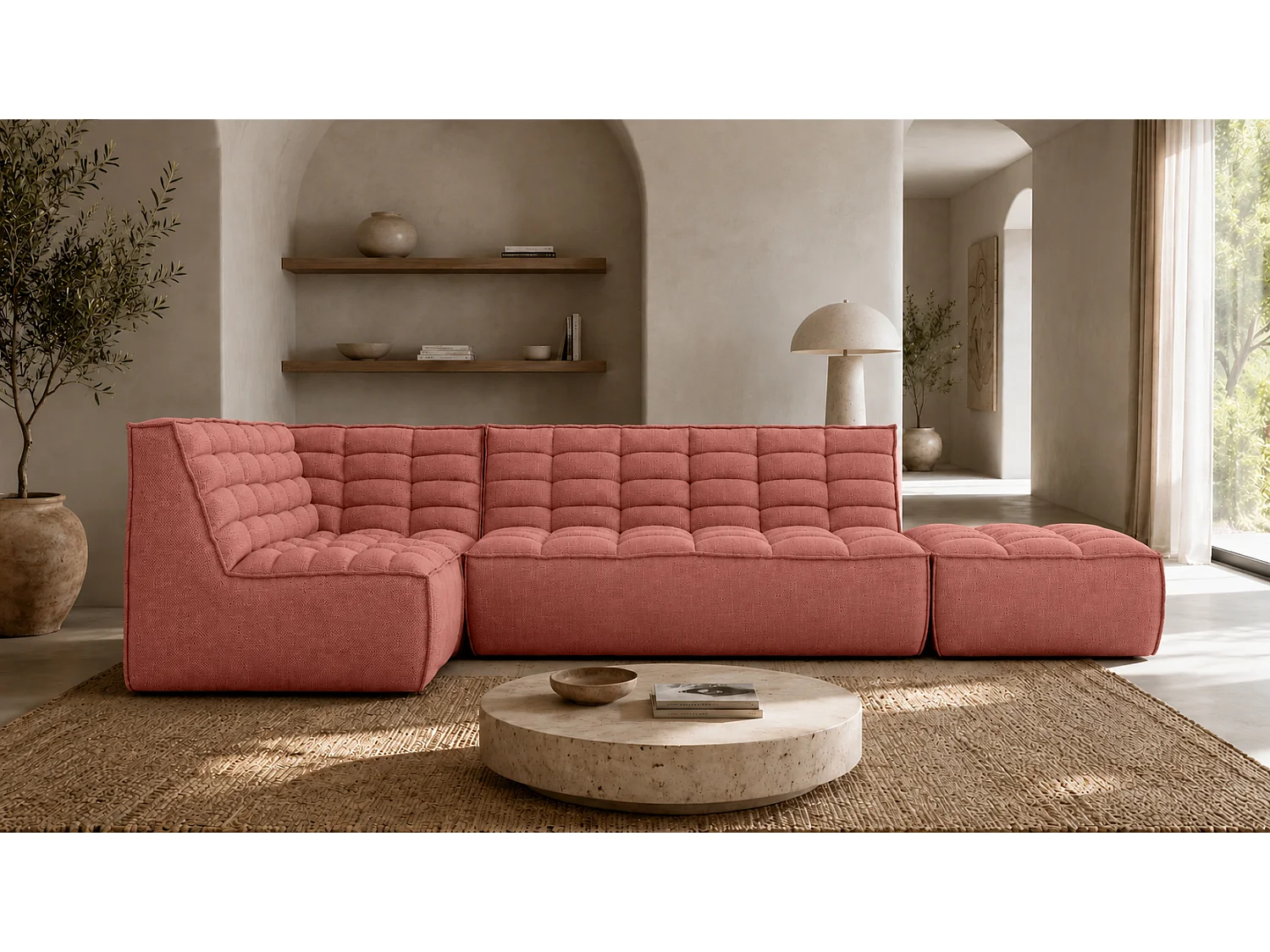 Canapé d’angle modulable en L avec pouf, tissu peluche Pop, rose, gauche, LAZY L avec pouf