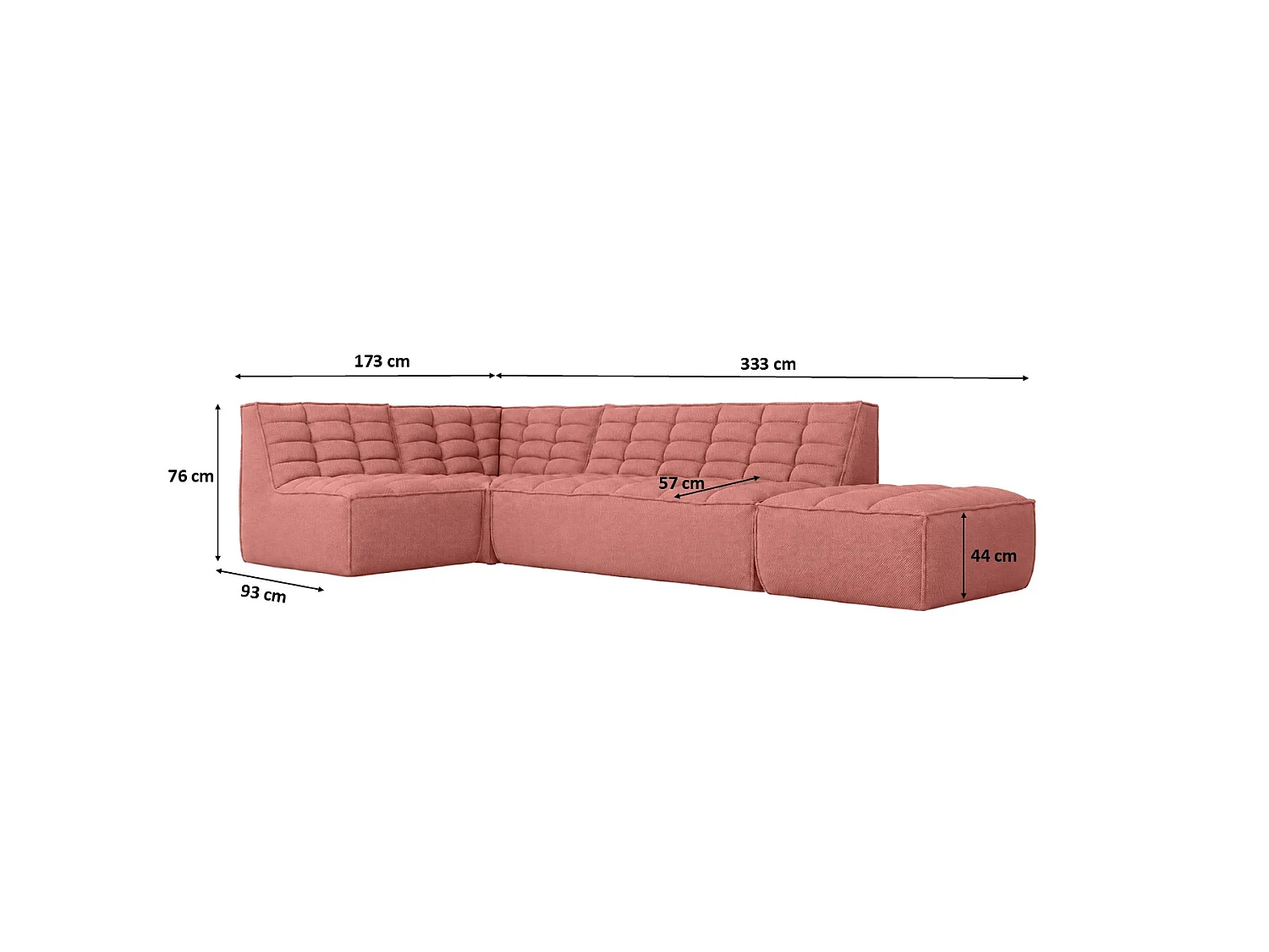 Canapé d’angle modulable en L avec pouf, tissu peluche Pop, rose, gauche, LAZY L avec pouf