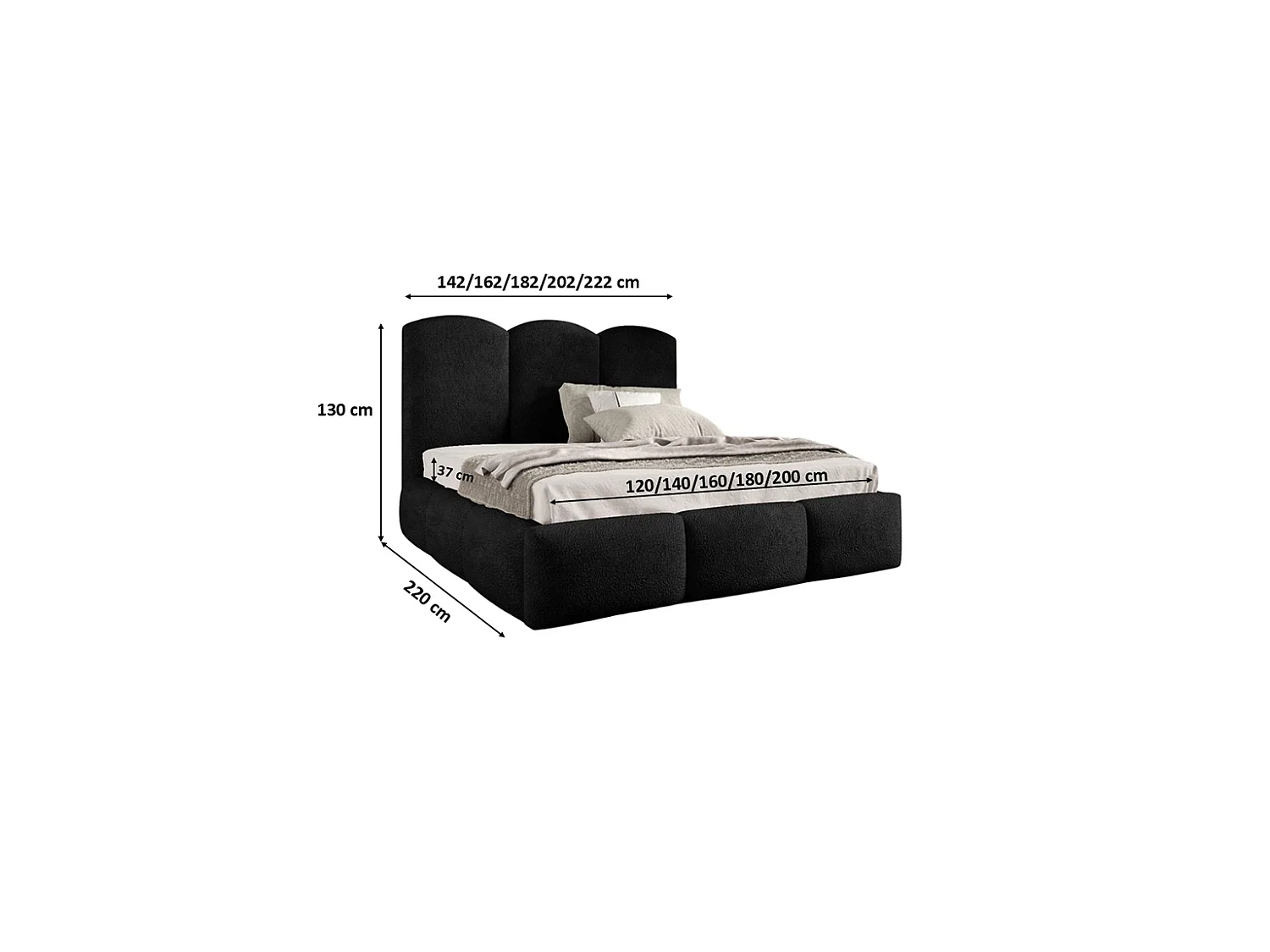 Lit rembourré avec coffre de rangement, tissu bouclé Baloo, noir, 120x200 cm, BERO