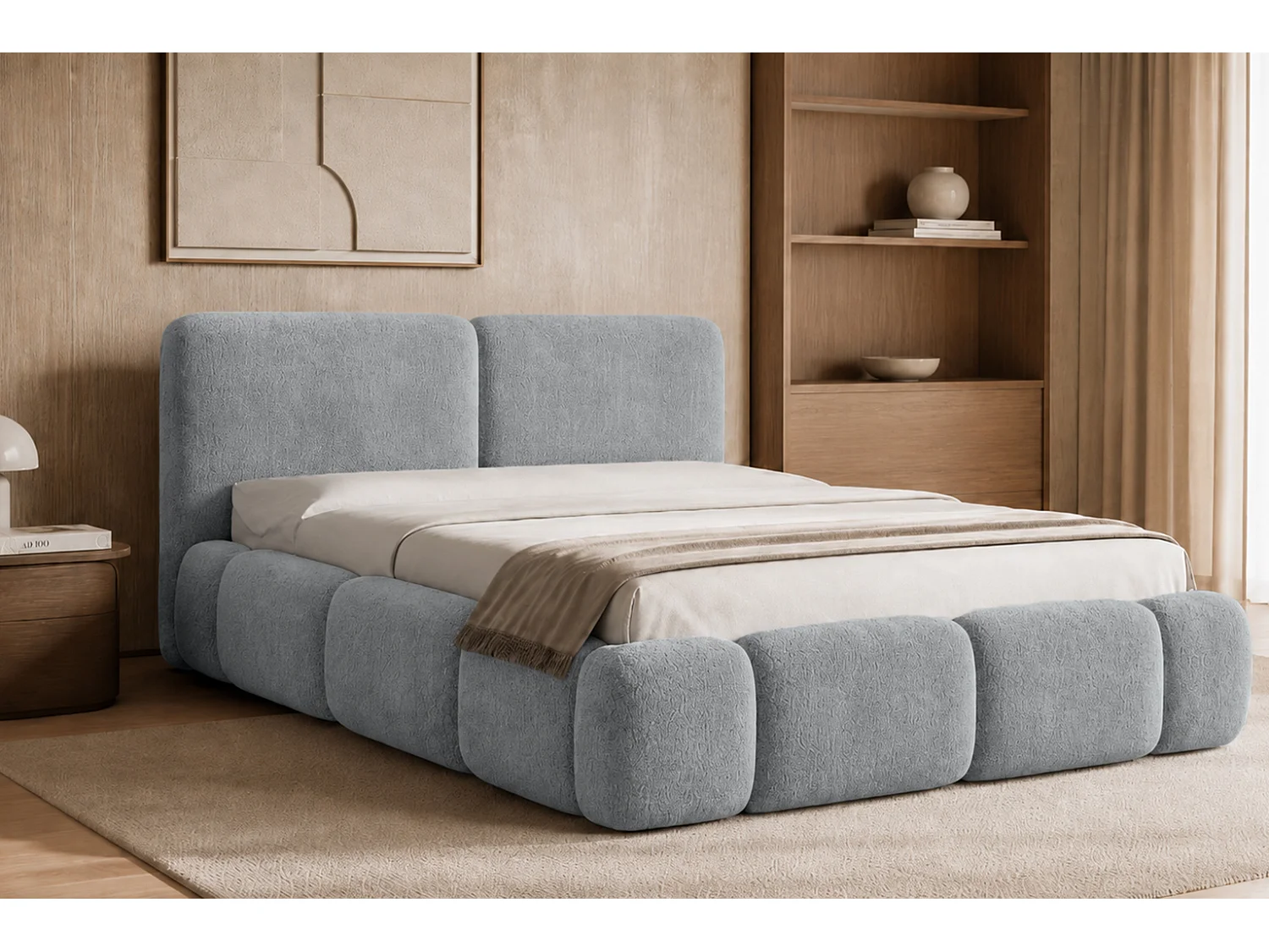 Letto imbottito con contenitore, tessuto bouclé Coral, grigio, 180x200 cm, ABIK