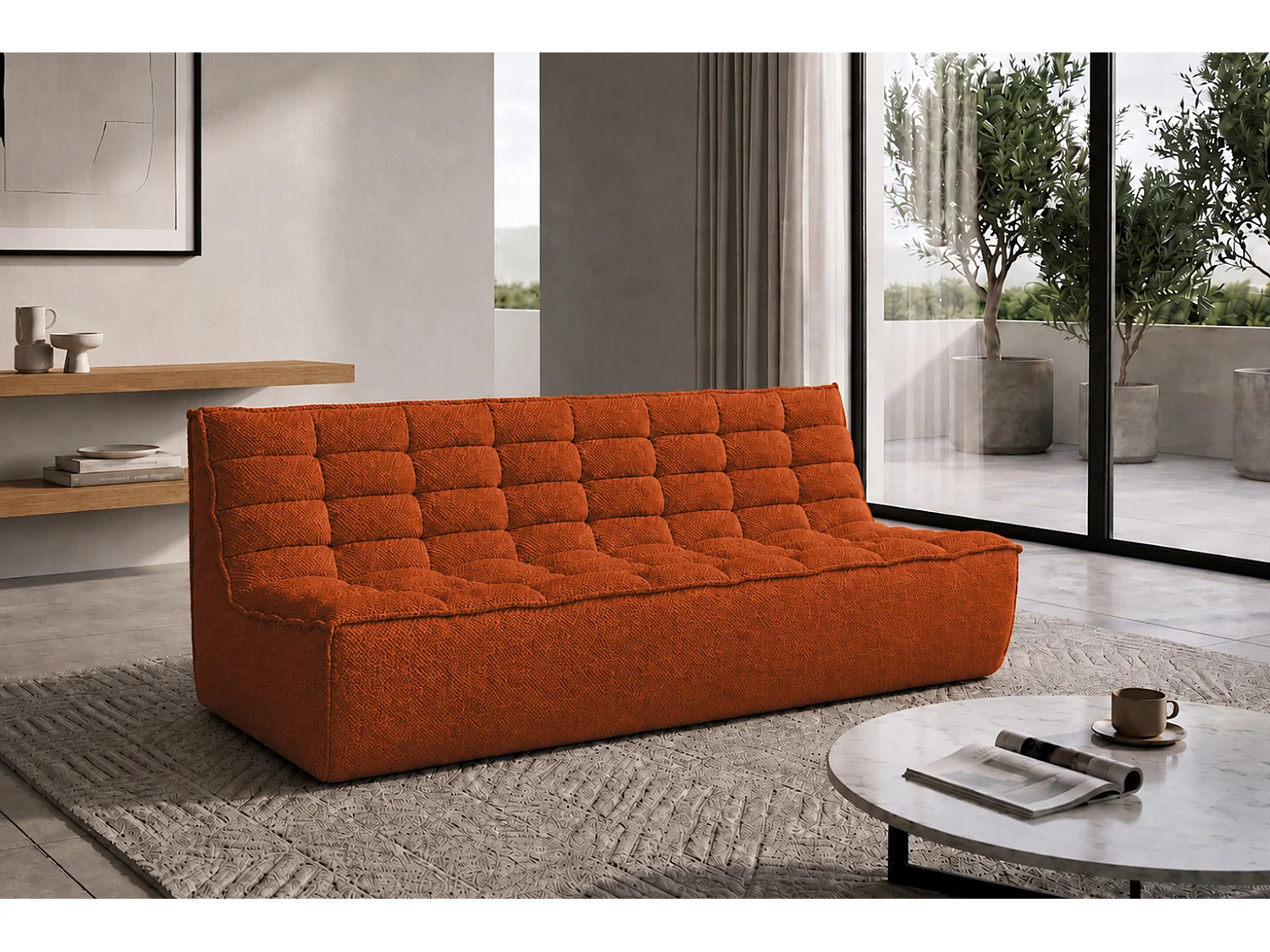Canapé 3 places modulable, tissu peluche Pop, cuivre, LAZY
