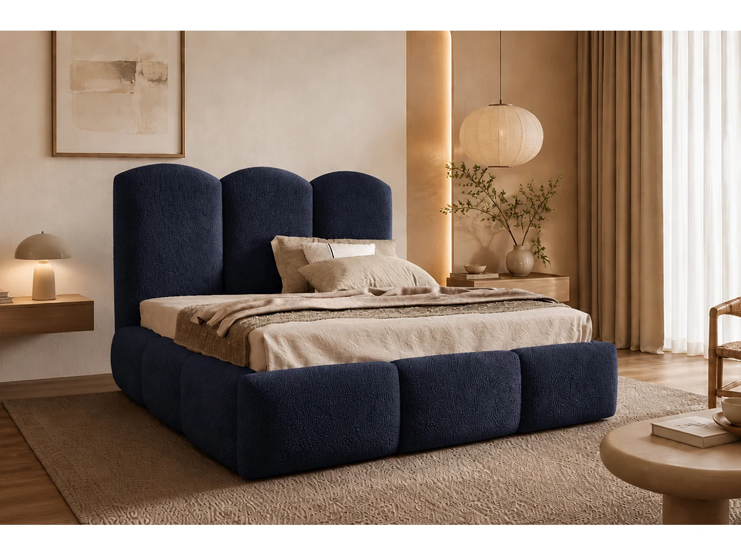 Lit rembourré avec coffre de rangement, tissu bouclé Baloo, bleu marine, 140x200 cm, BERO