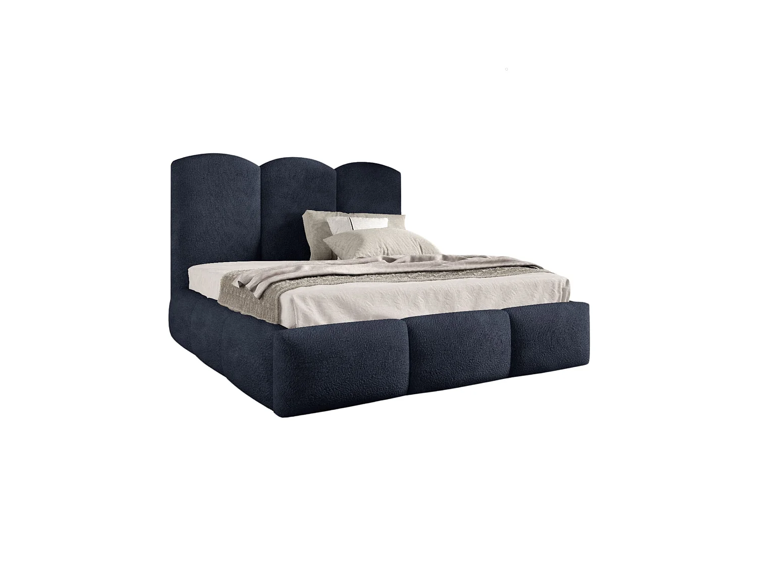 Lit rembourré avec coffre de rangement, tissu bouclé Baloo, bleu marine, 140x200 cm, BERO
