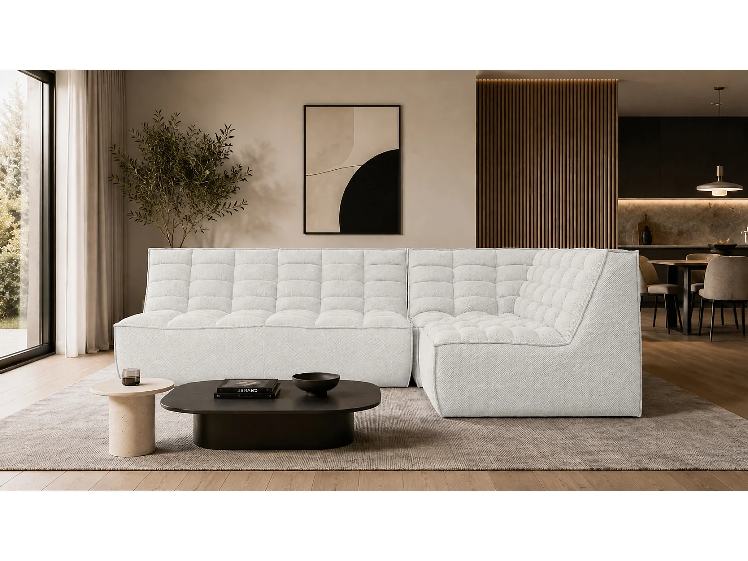 Canapé d’angle modulable en L, tissu peluche Pop, blanc glacé, droite, LAZY L mini