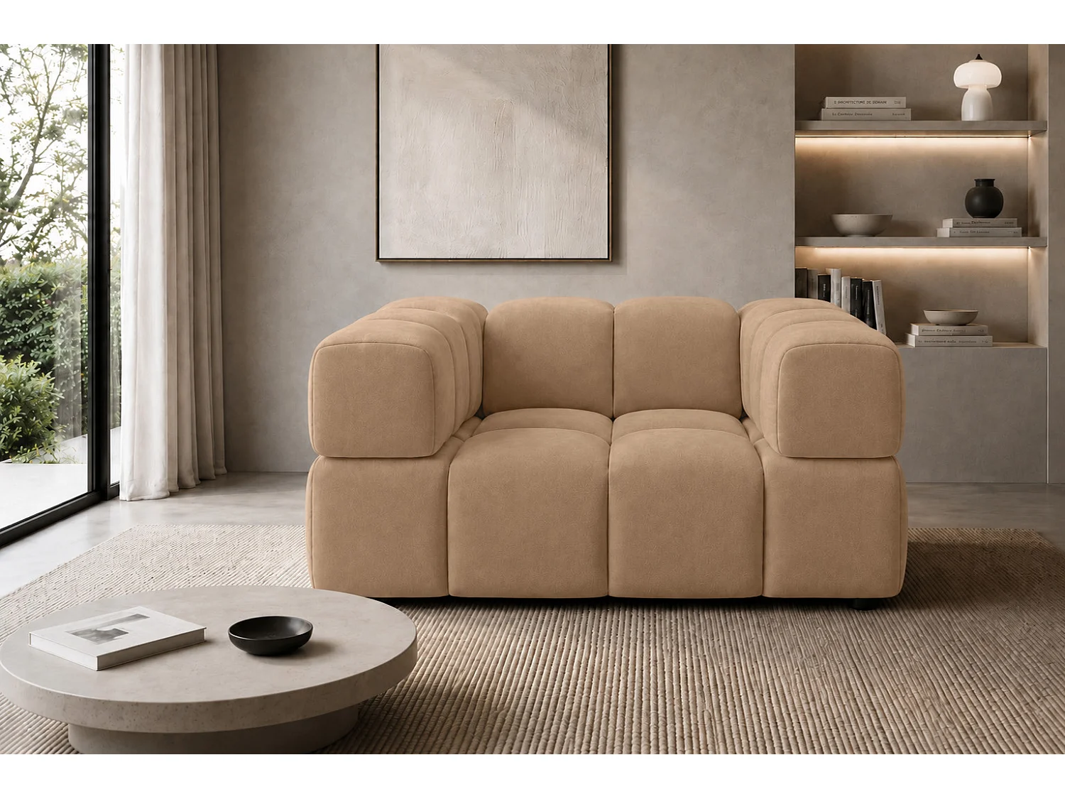 Fauteuil, tissu velours Bluvel, latte, Averro