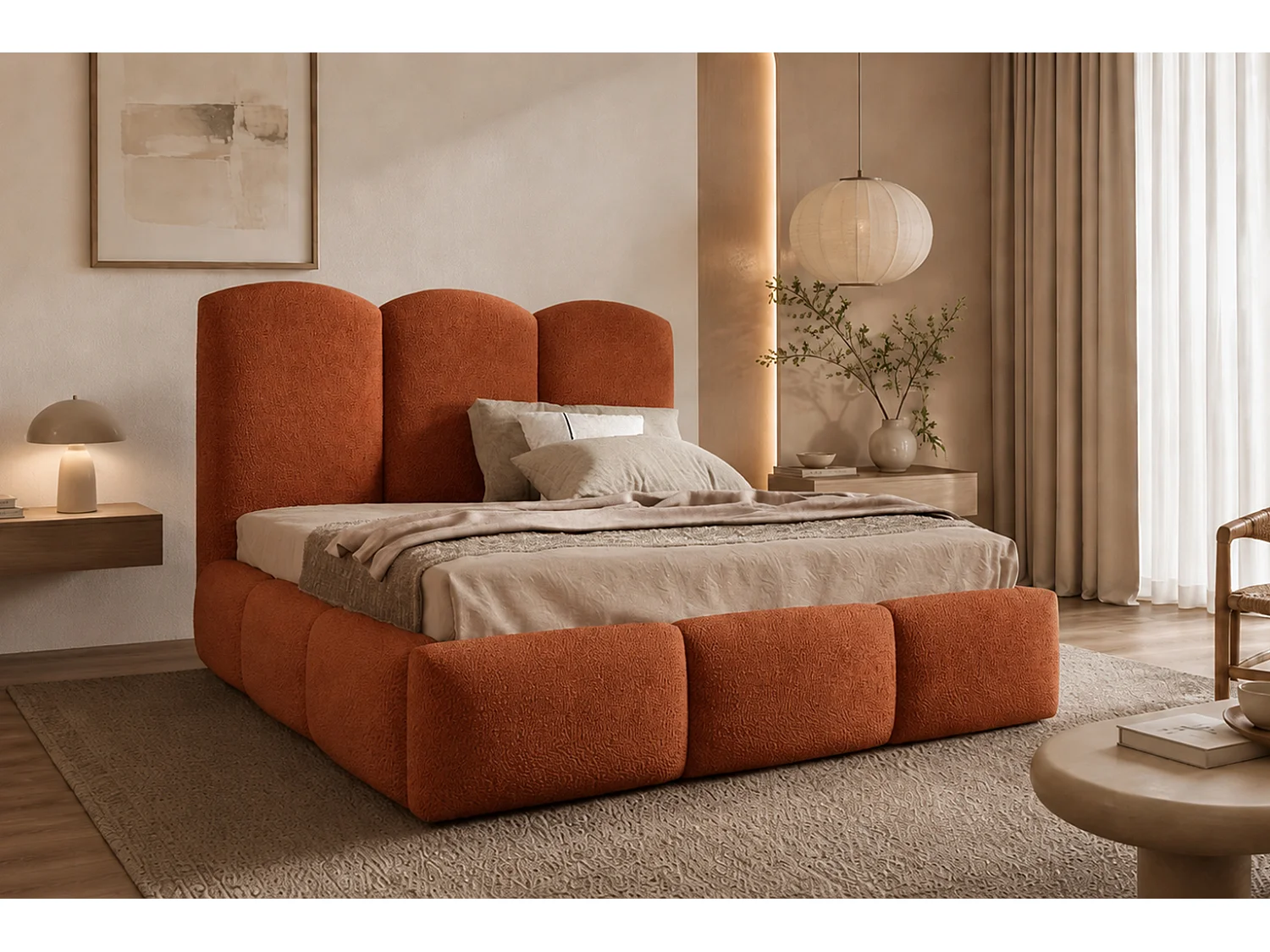 Lit rembourré avec coffre de rangement, tissu bouclé Baloo, cuivre, 180x200 cm, BERO