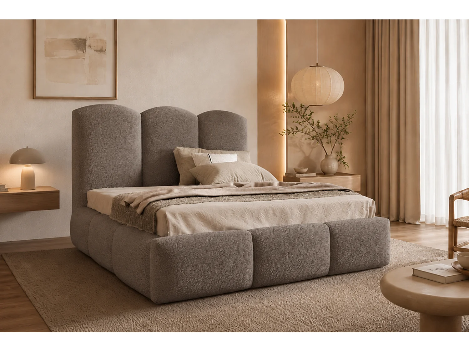 Lit rembourré avec coffre de rangement, tissu bouclé Baloo, gris, 200x200 cm, BERO