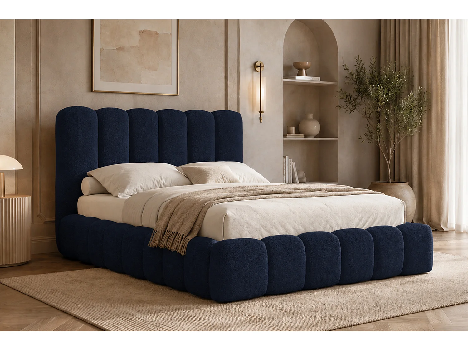 Lit rembourré avec coffre de rangement, tissu chenille Catch Me, bleu marine, 200x200 cm, CANDE