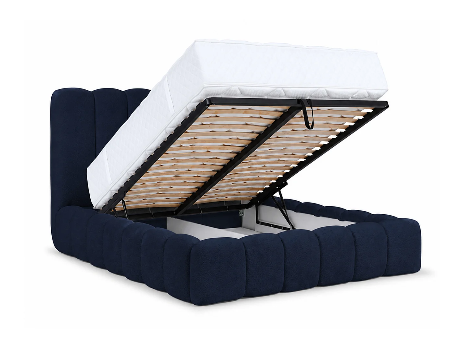 Lit rembourré avec coffre de rangement, tissu chenille Catch Me, bleu marine, 200x200 cm, CANDE