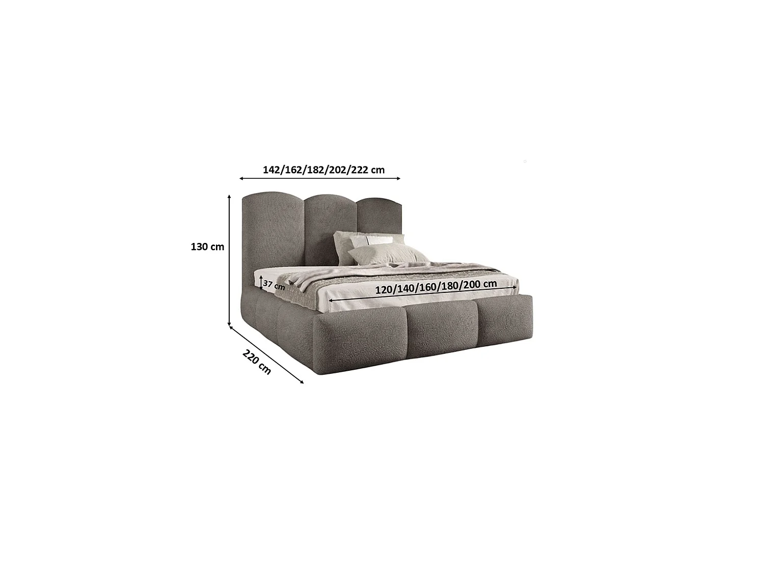 Lit rembourré avec coffre de rangement, tissu bouclé Baloo, gris, 140x200 cm, BERO