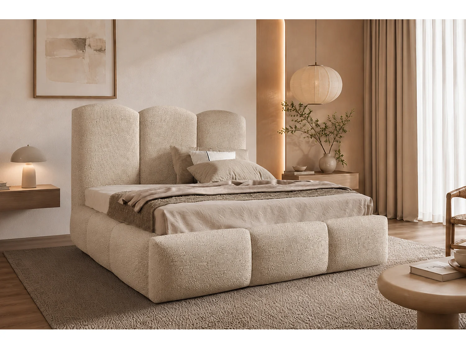 Lit rembourré avec coffre de rangement, tissu bouclé Baloo, beige, 120x200 cm, BERO