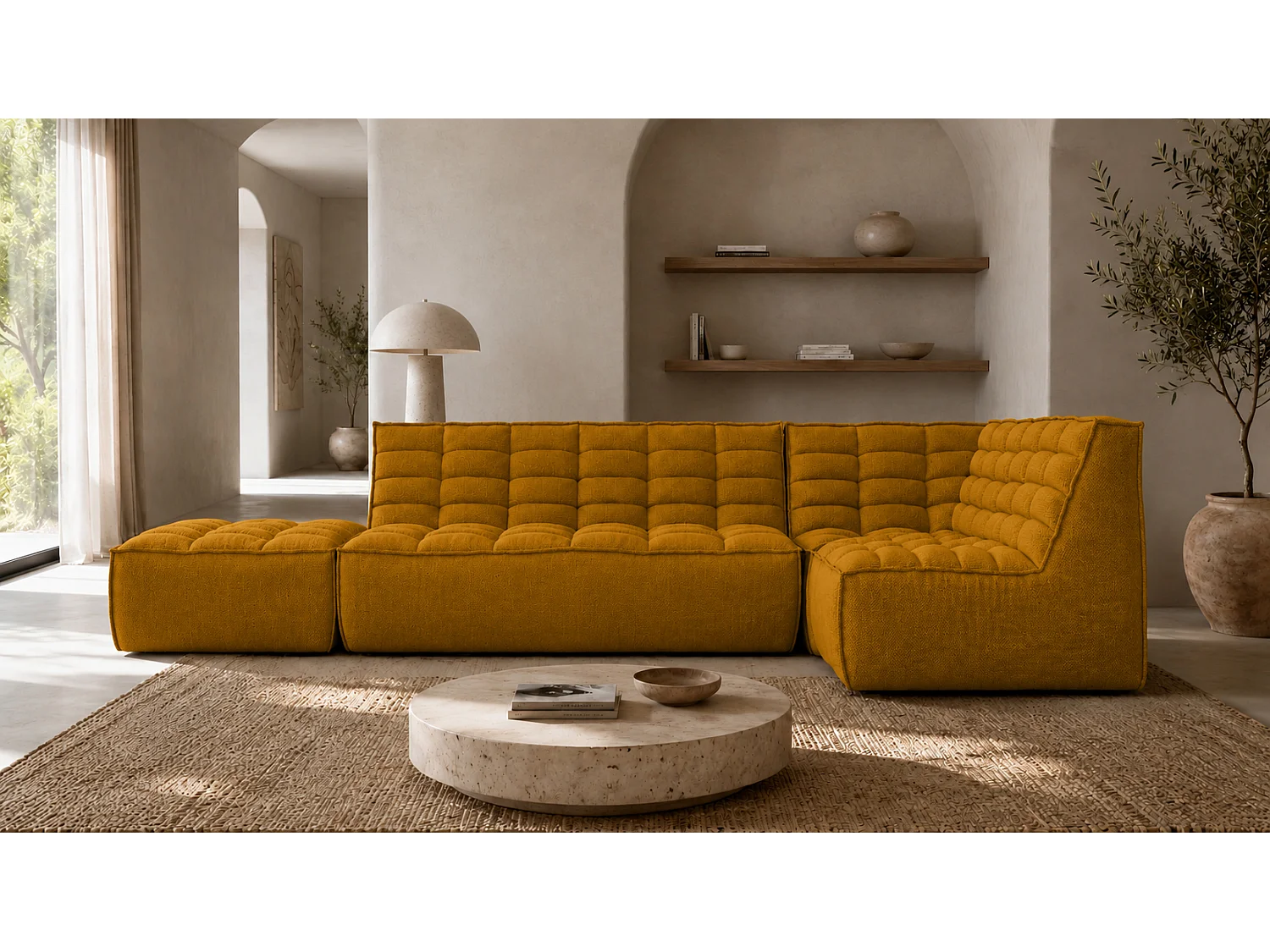 Canapé d’angle modulable en L avec pouf, tissu peluche Pop, moutarde, droite, LAZY L avec pouf