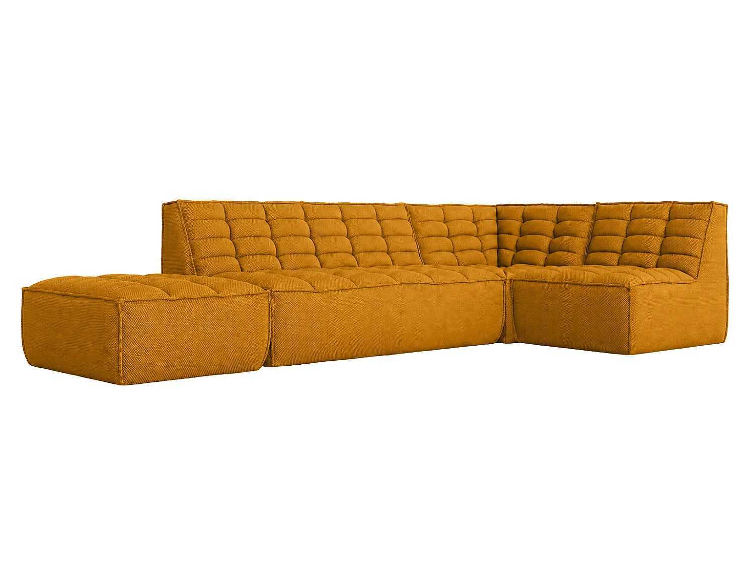 Canapé d’angle modulable en L avec pouf, tissu peluche Pop, moutarde, droite, LAZY L avec pouf