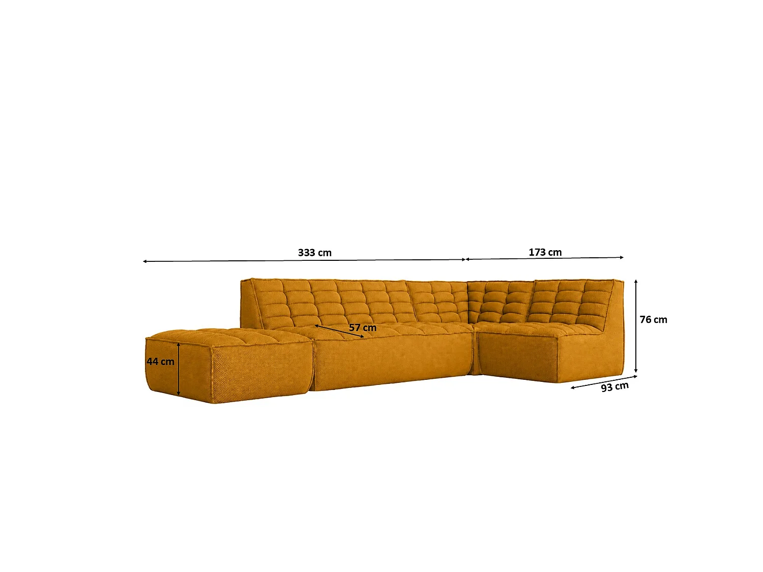 Canapé d’angle modulable en L avec pouf, tissu peluche Pop, moutarde, droite, LAZY L avec pouf