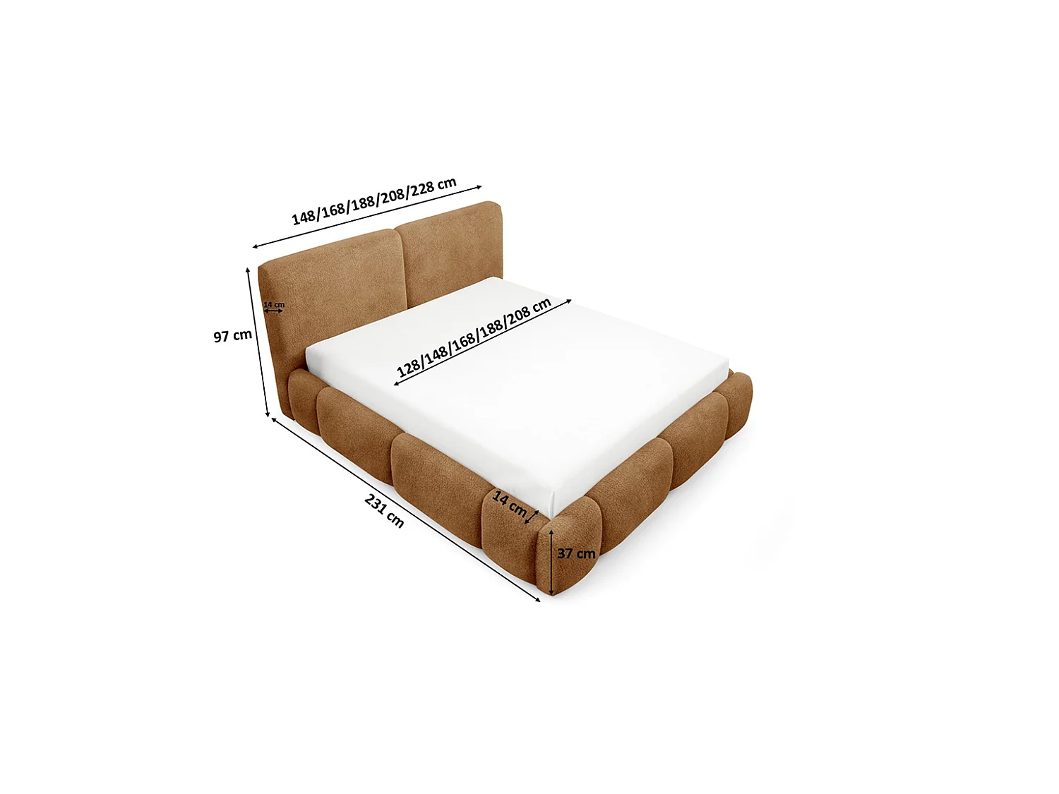 Letto imbottito con contenitore, tessuto bouclé Coral, toffee, 120x200 cm, ABIK