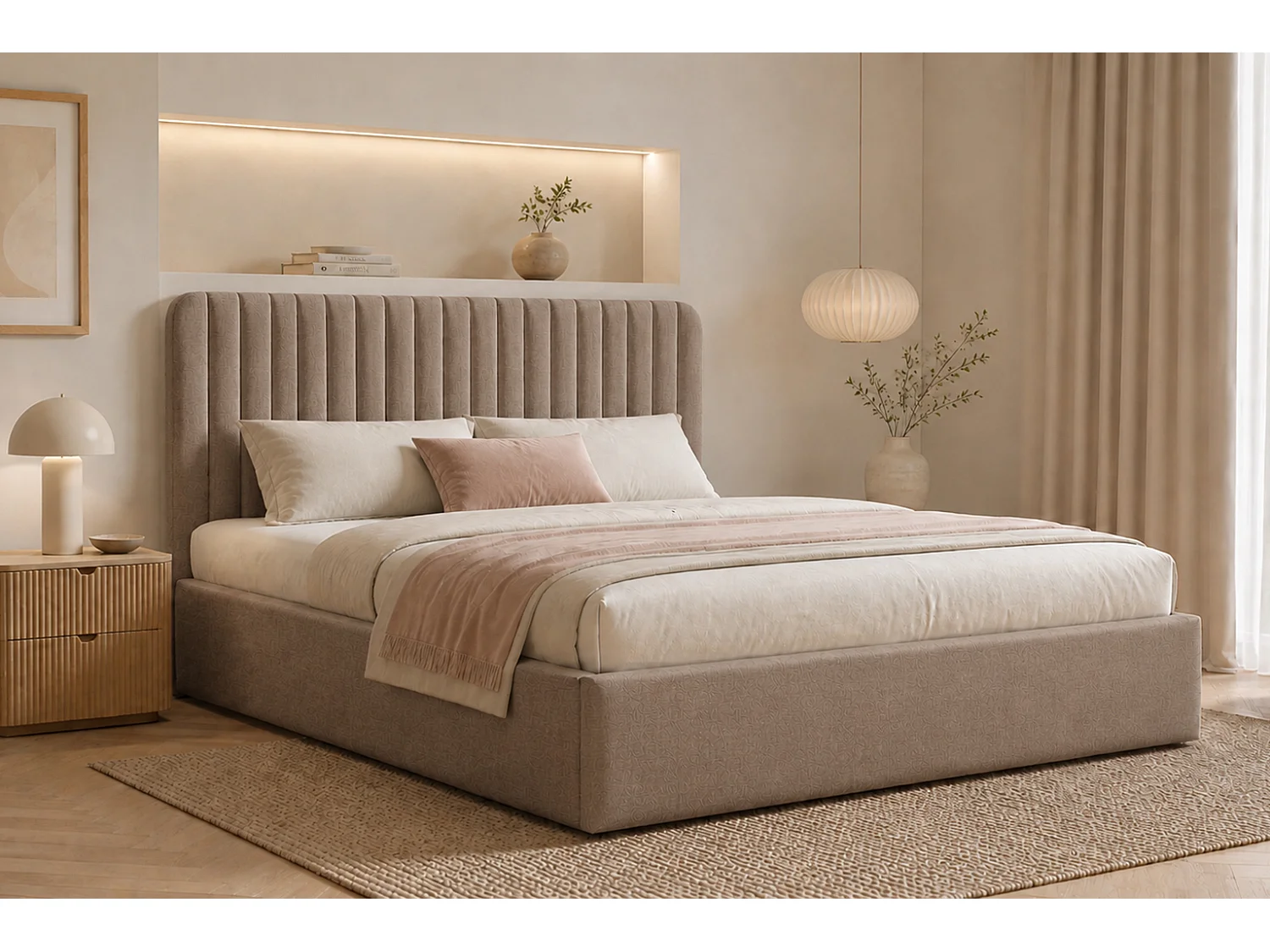 Polsterbett mit bettkasten, Veloursstoff Rouge, Beige, 140x200 cm, BEST II