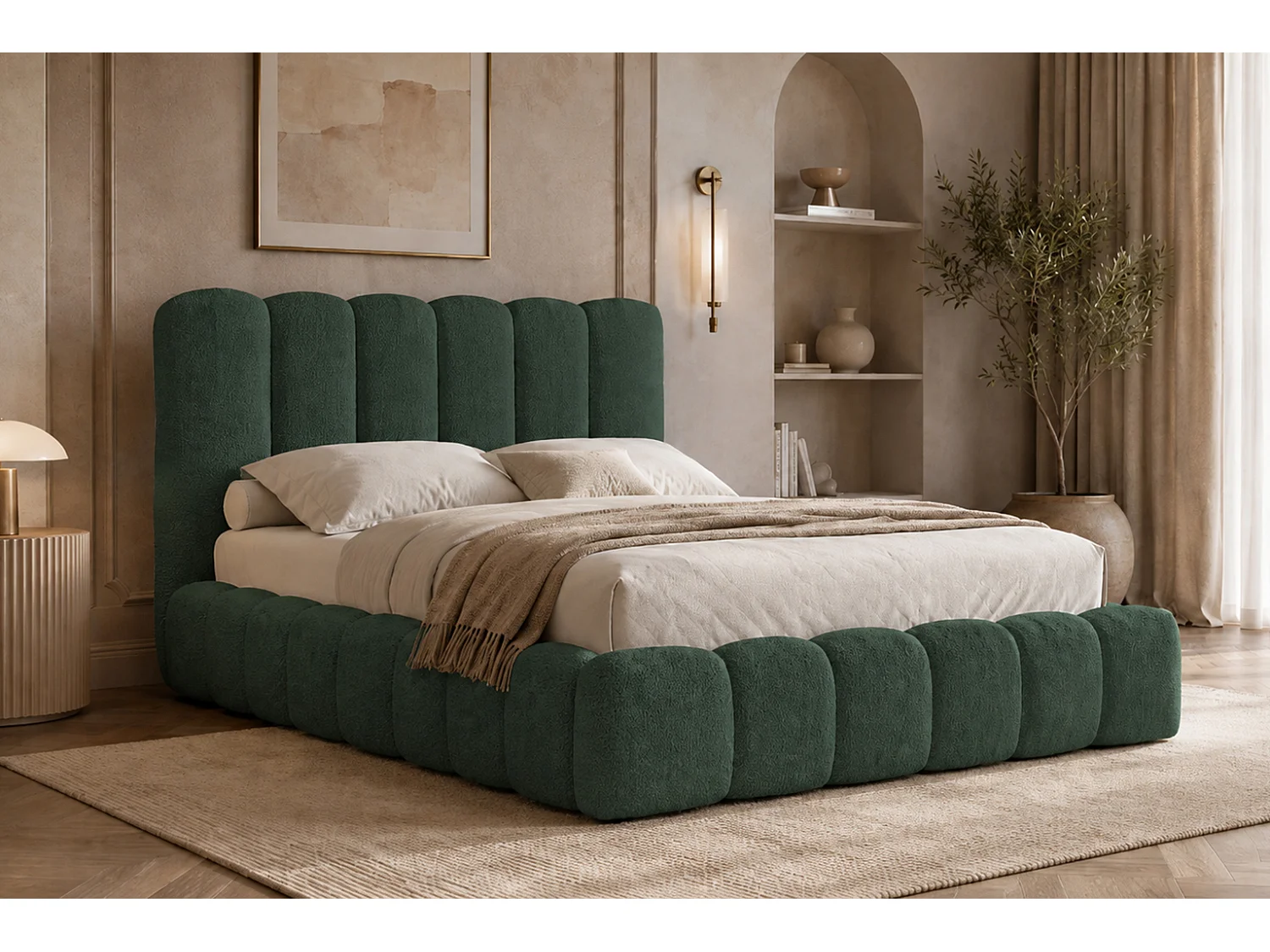 Lit rembourré avec coffre de rangement, tissu chenille Catch Me, vert, 200x200 cm, CANDE