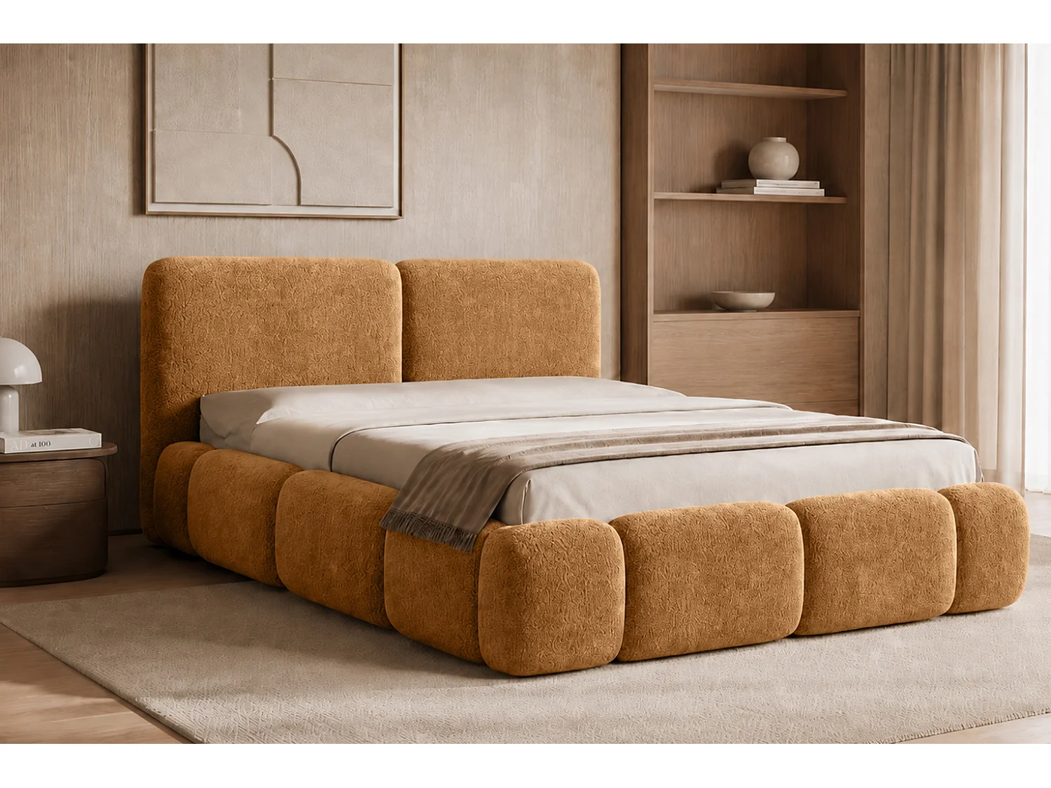 Letto imbottito con contenitore, tessuto bouclé Coral, toffee, 200x200 cm, ABIK