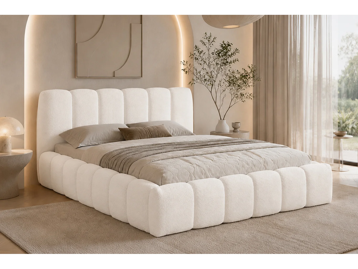 Lit rembourré avec coffre de rangement, tissu chenille Catch Me, crème, 140x200 cm, MICANDI