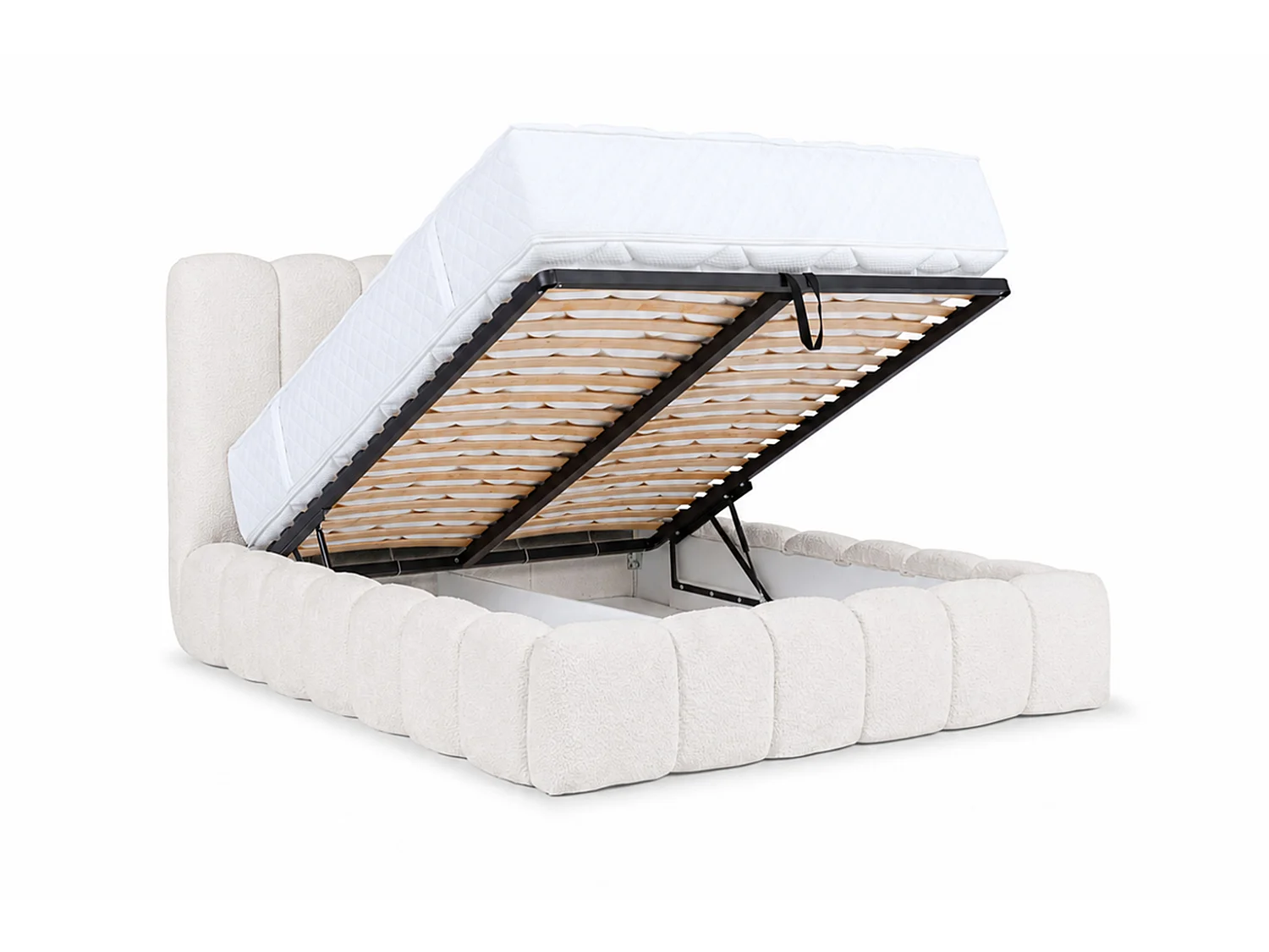 Lit rembourré avec coffre de rangement, tissu chenille Catch Me, crème, 140x200 cm, CANDE