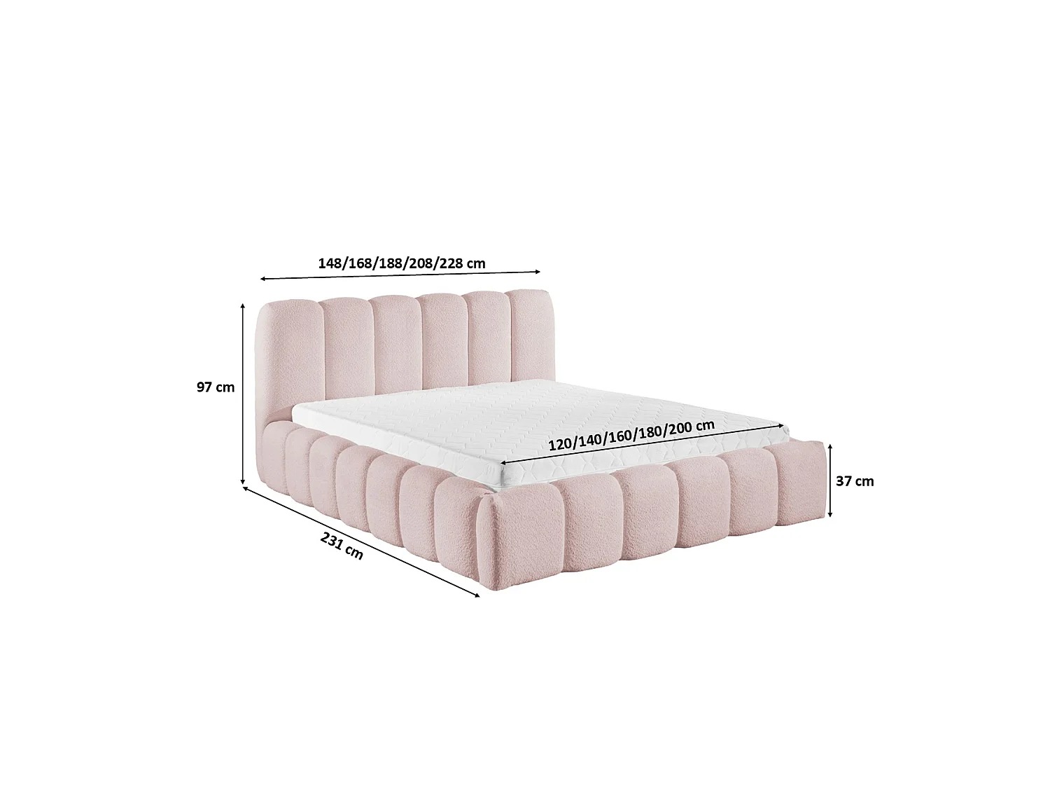 Lit rembourré avec coffre de rangement, tissu chenille Catch Me, rose clair, 200x200 cm, MICANDI