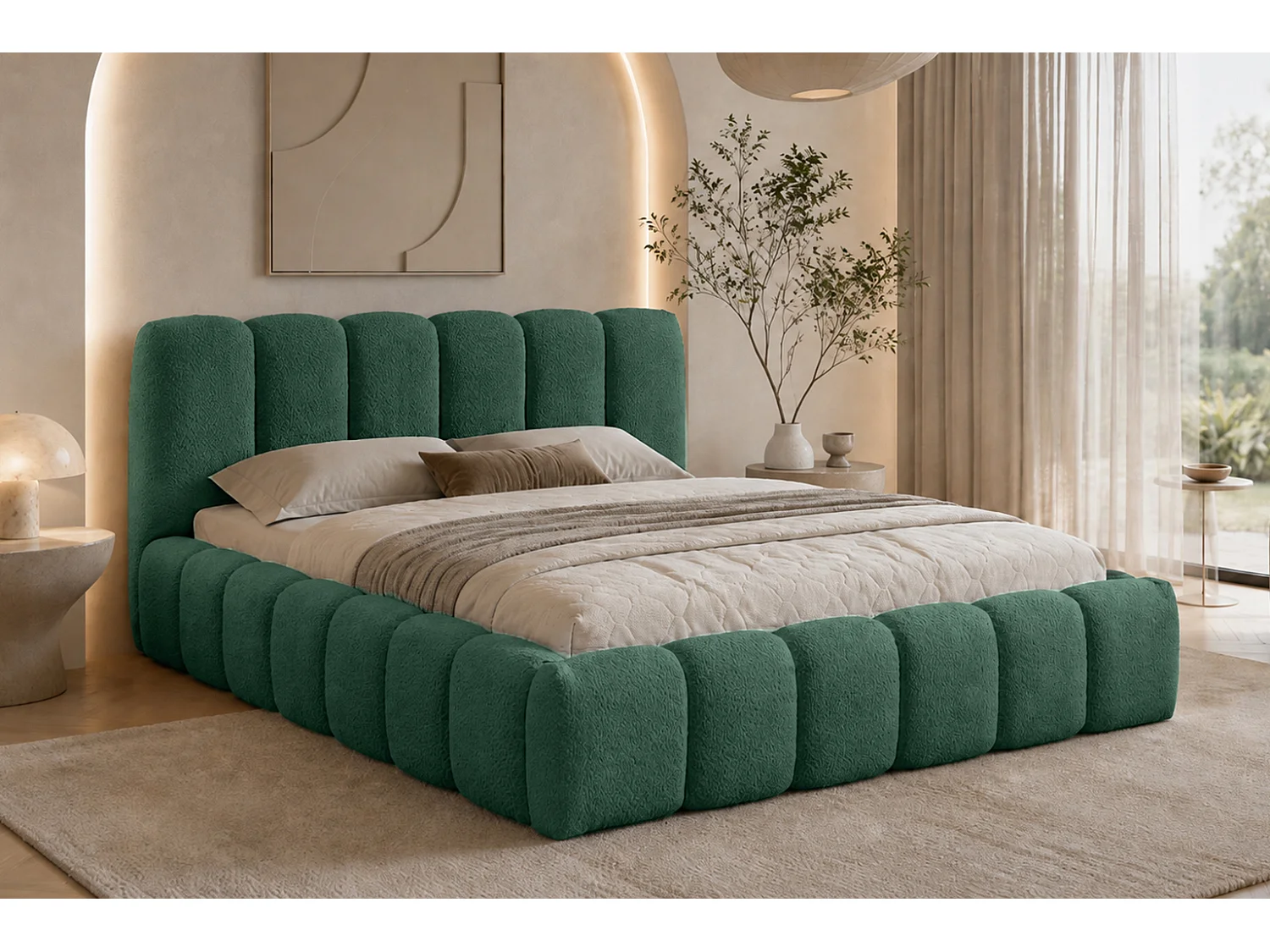 Lit rembourré avec coffre de rangement, tissu chenille Catch Me, vert, 140x200 cm, MICANDI
