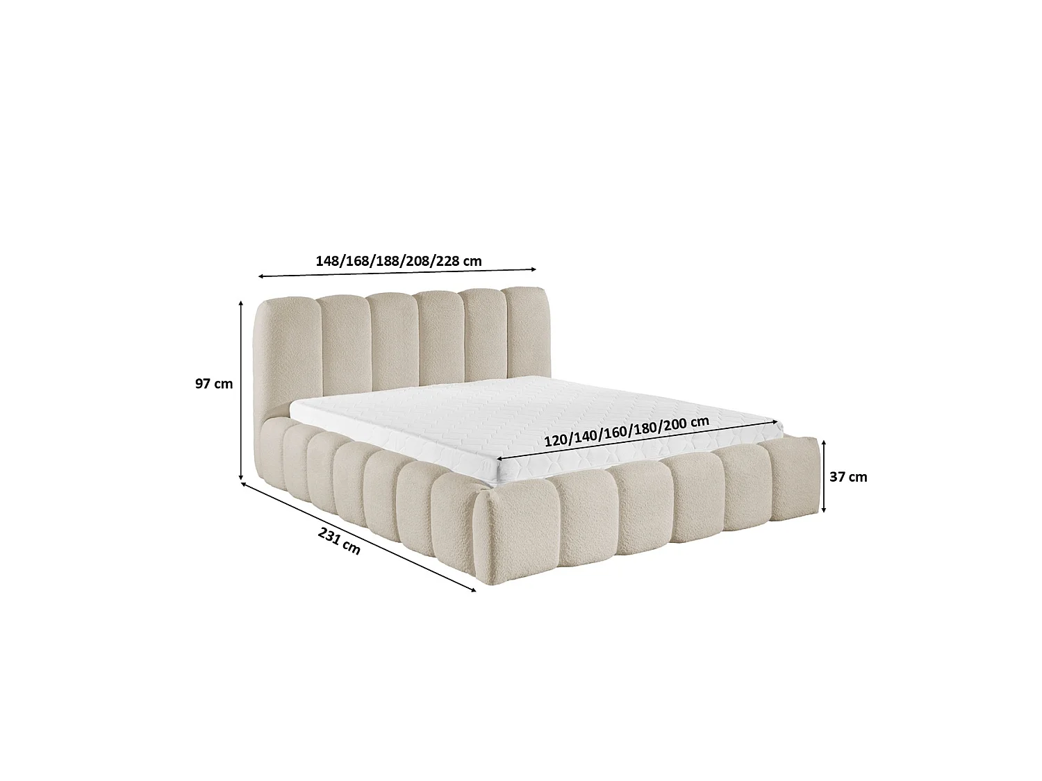Lit rembourré avec coffre de rangement, tissu chenille Catch Me, beige, 200x200 cm, MICANDI
