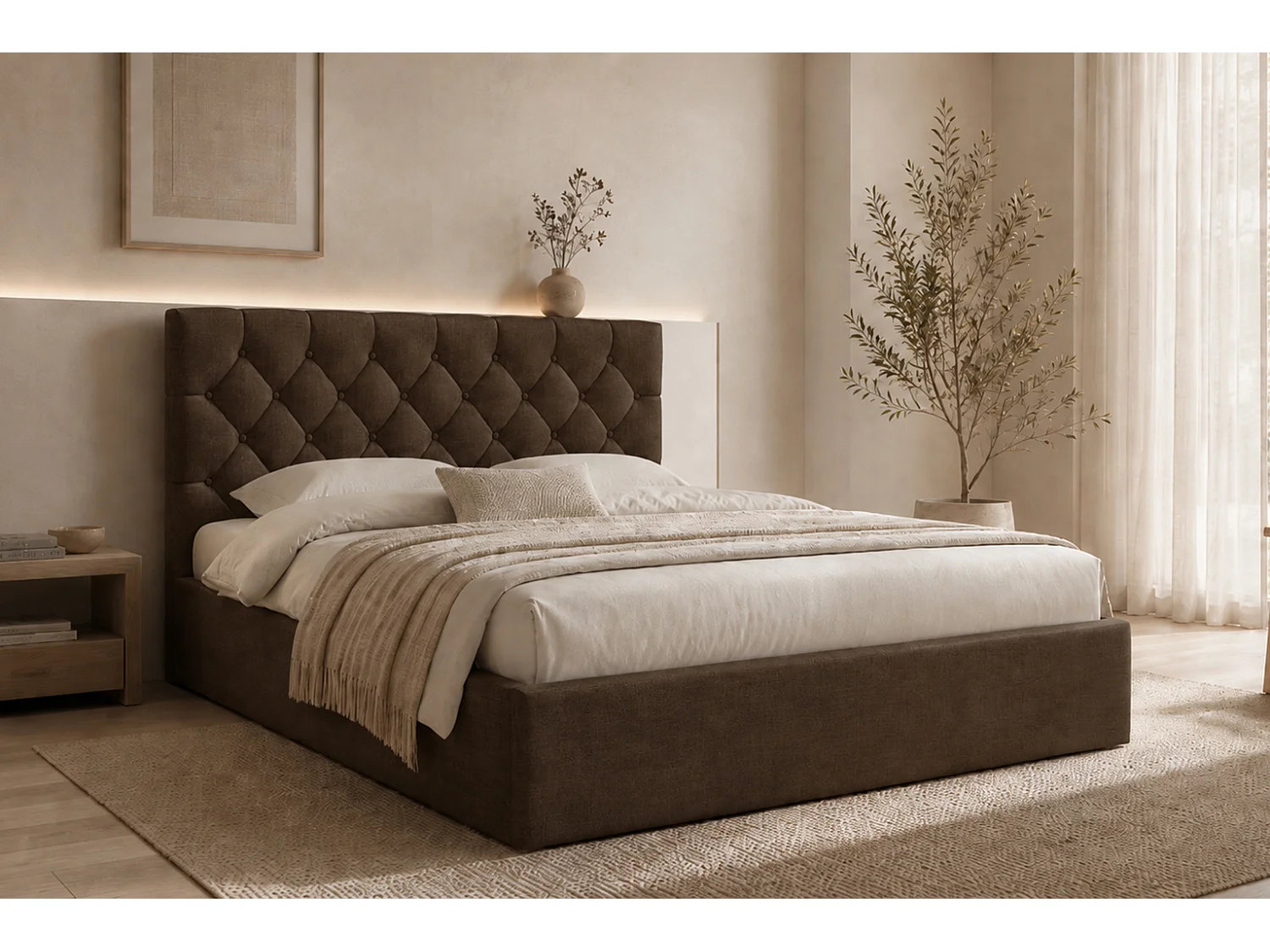 Polsterbett mit bettkasten, Veloursstoff Rouge, Braun, 140x200 cm, BEST IV