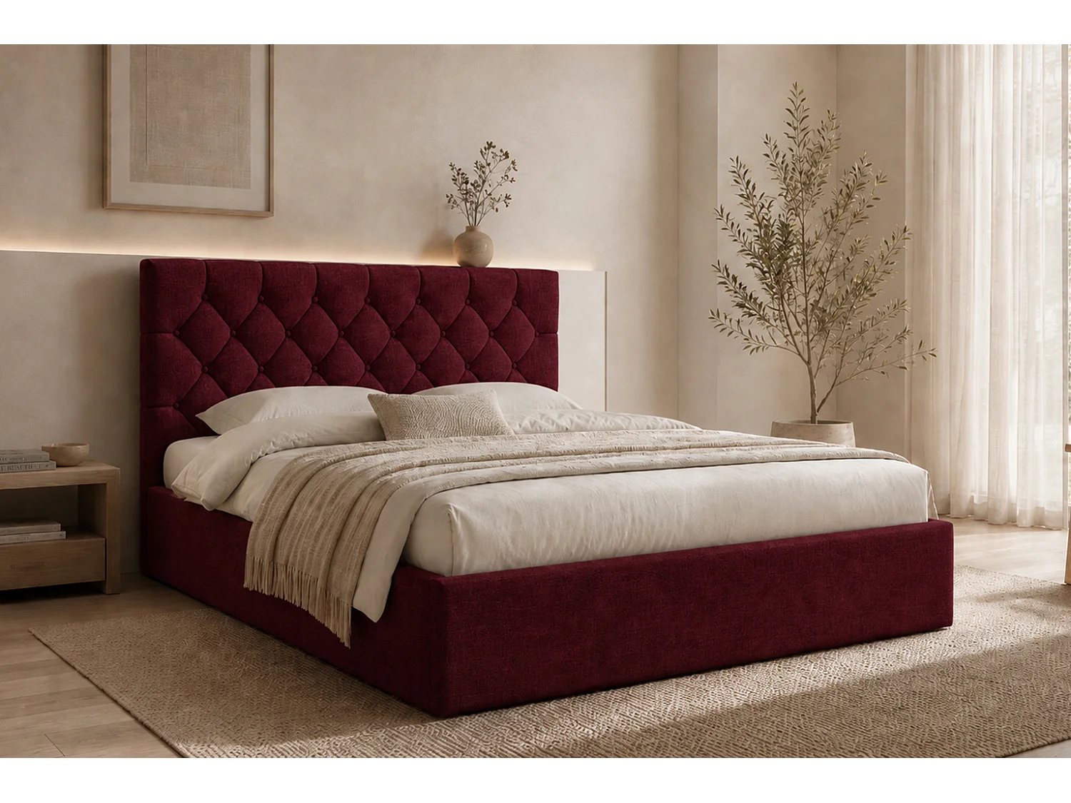 Polsterbett mit bettkasten, Veloursstoff Rouge, Rotwein, 180x200 cm, BEST IV