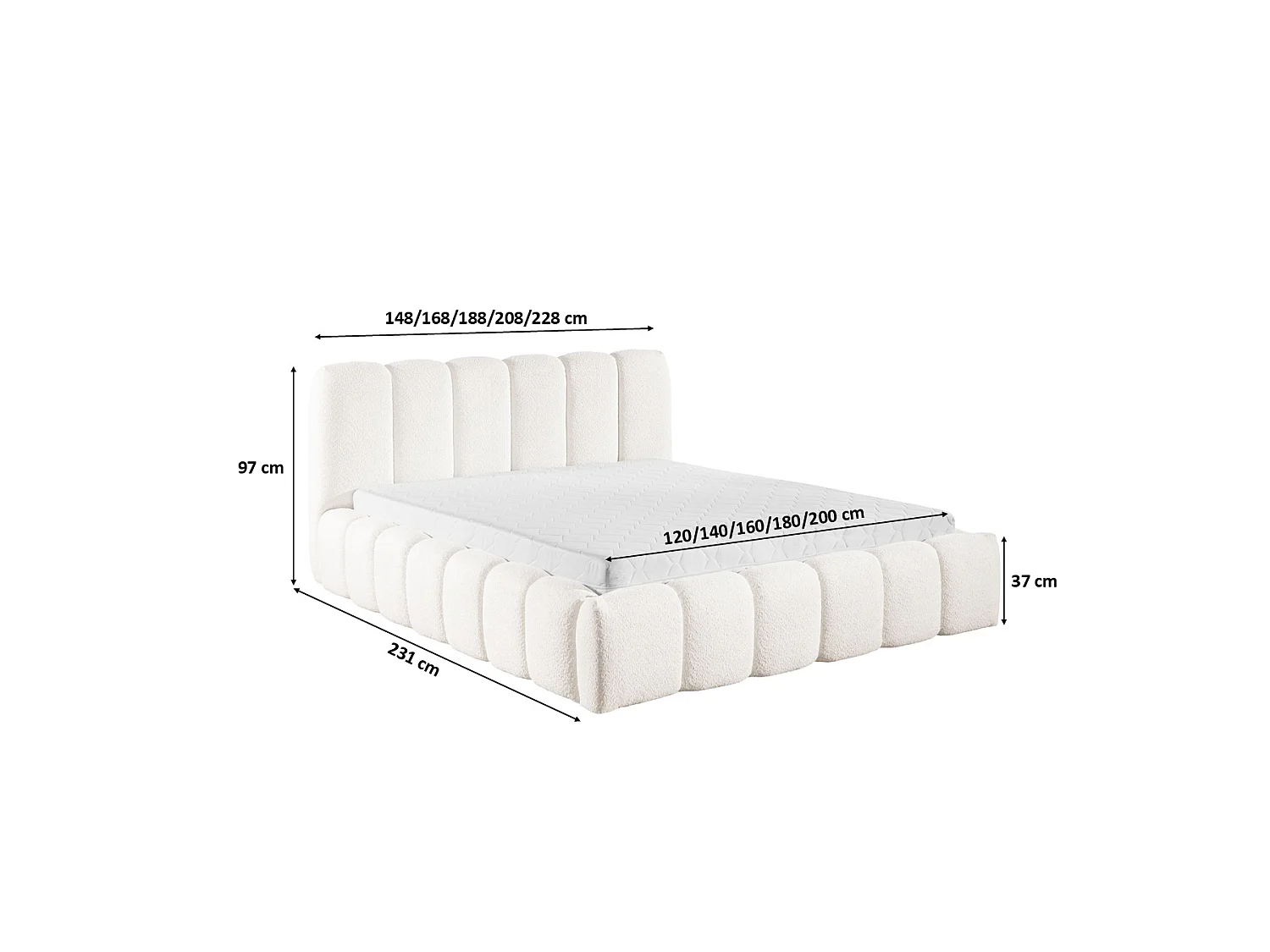 Lit rembourré avec coffre de rangement, tissu chenille Catch Me, crème, 200x200 cm, MICANDI