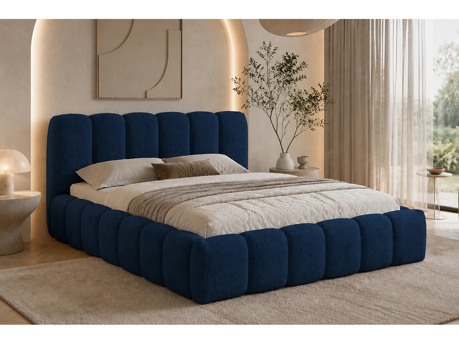 Lit rembourré avec coffre de rangement, tissu chenille Catch Me, bleu marine, 160x200 cm, MICANDI