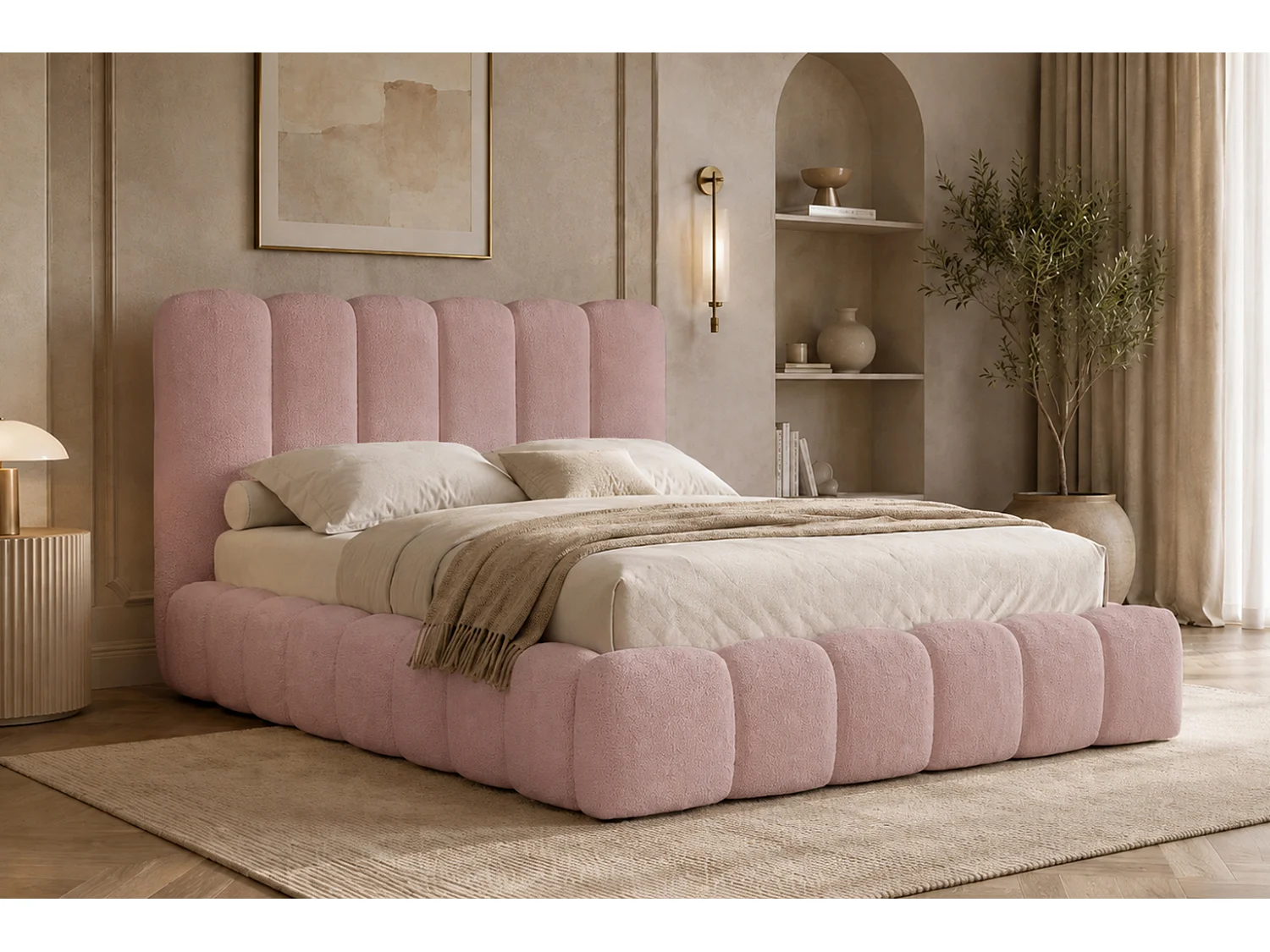 Lit rembourré avec coffre de rangement, tissu chenille Catch Me, rose, 140x200 cm, CANDE