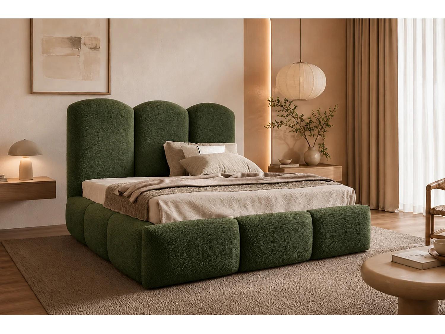 Lit rembourré avec coffre de rangement, tissu bouclé Baloo, vert, 140x200 cm, BERO