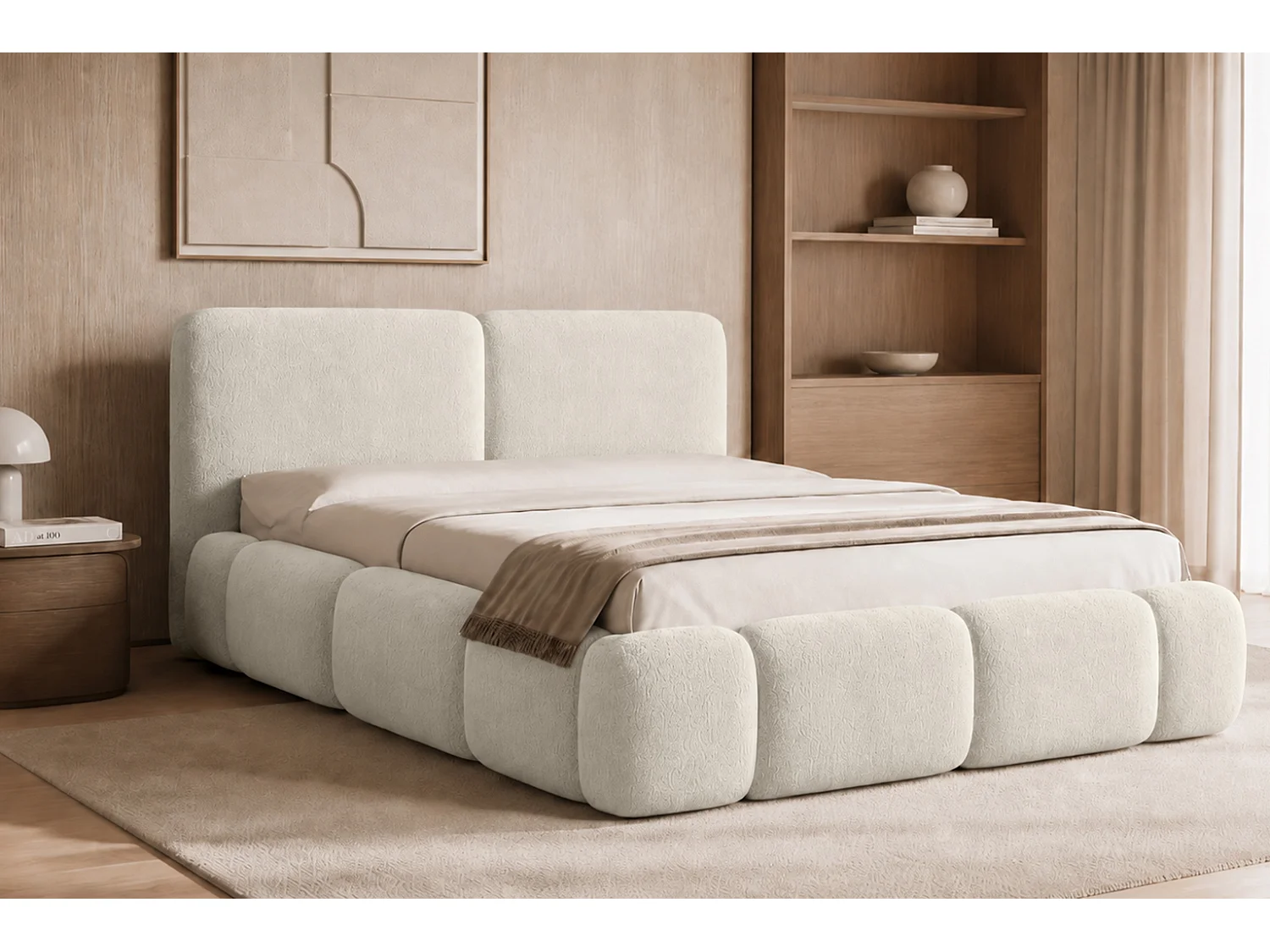 Letto imbottito con contenitore, tessuto bouclé Coral, beige, 120x200 cm, ABIK