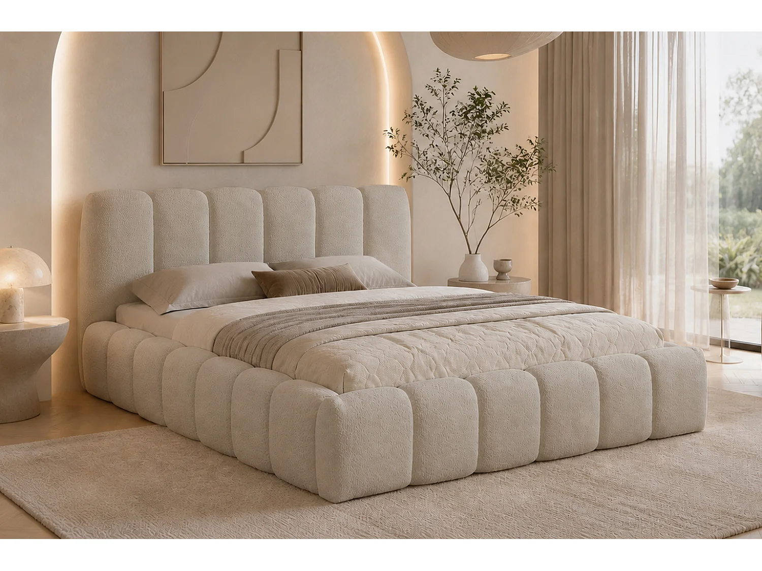 Lit rembourré avec coffre de rangement, tissu chenille Catch Me, beige, 160x200 cm, MICANDI