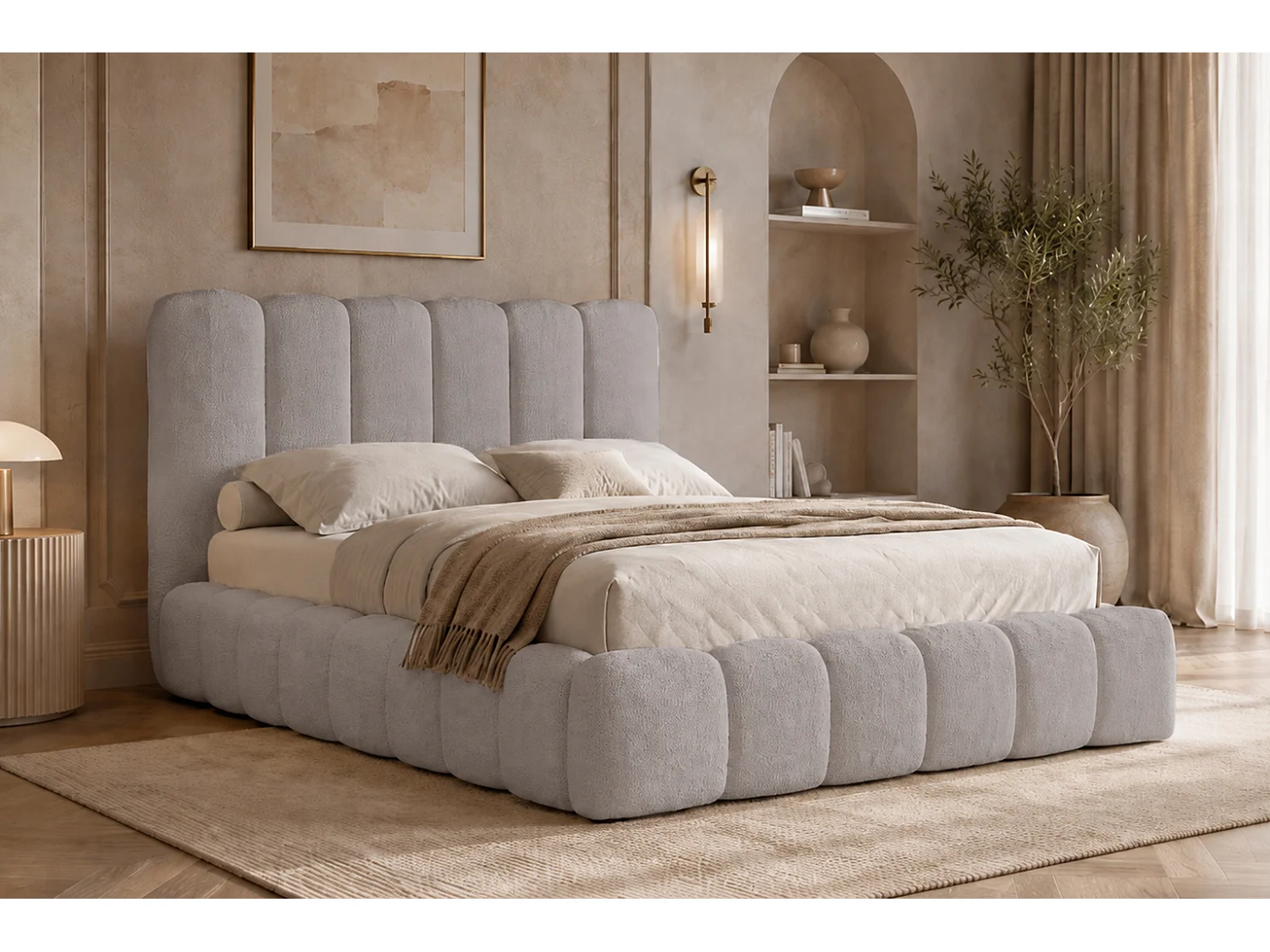 Lit rembourré avec coffre de rangement, tissu chenille Catch Me, gris cendré, 160x200 cm, CANDE