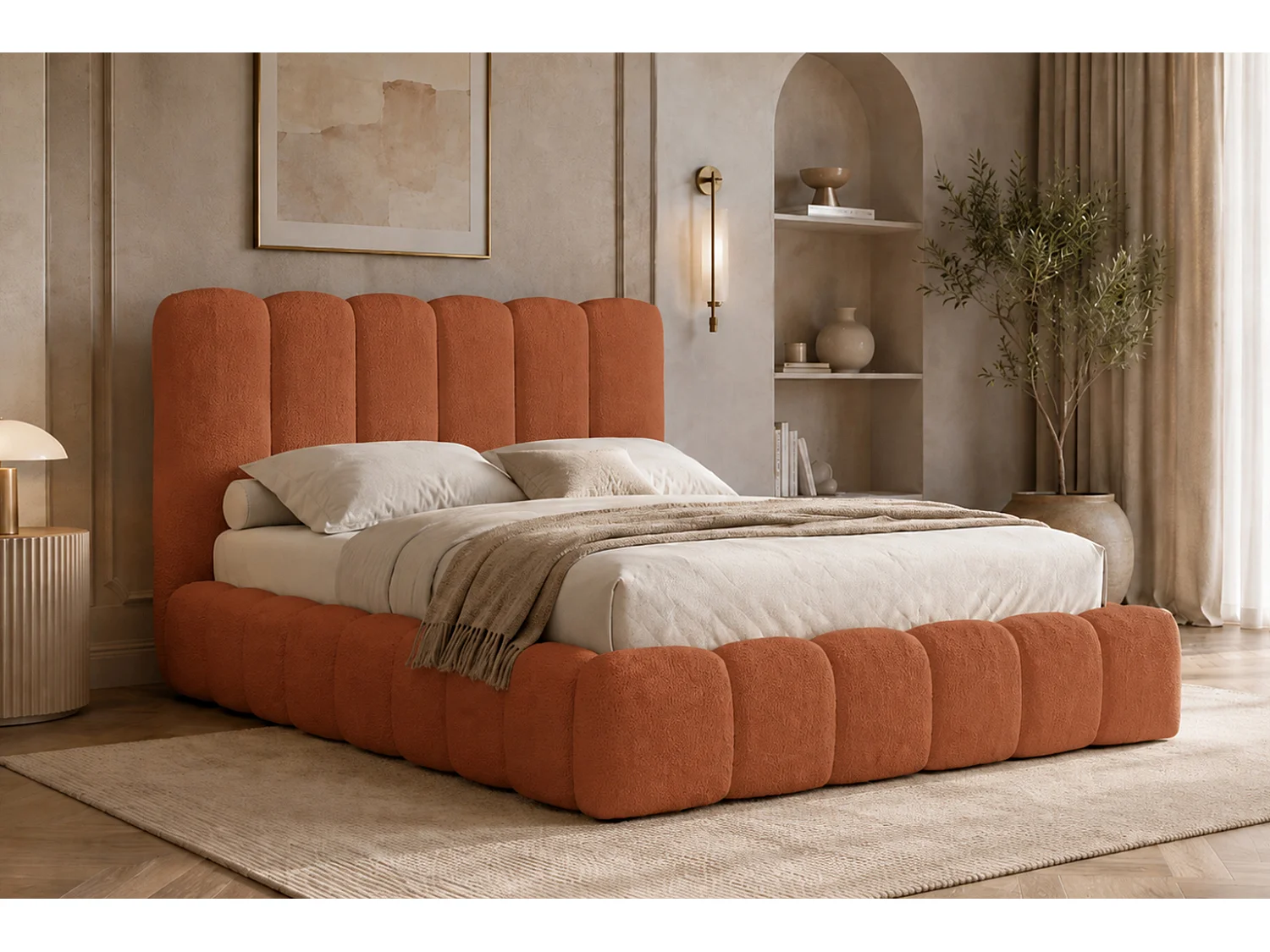 Lit rembourré avec coffre de rangement, tissu chenille Catch Me, orange, 120x200 cm, CANDE