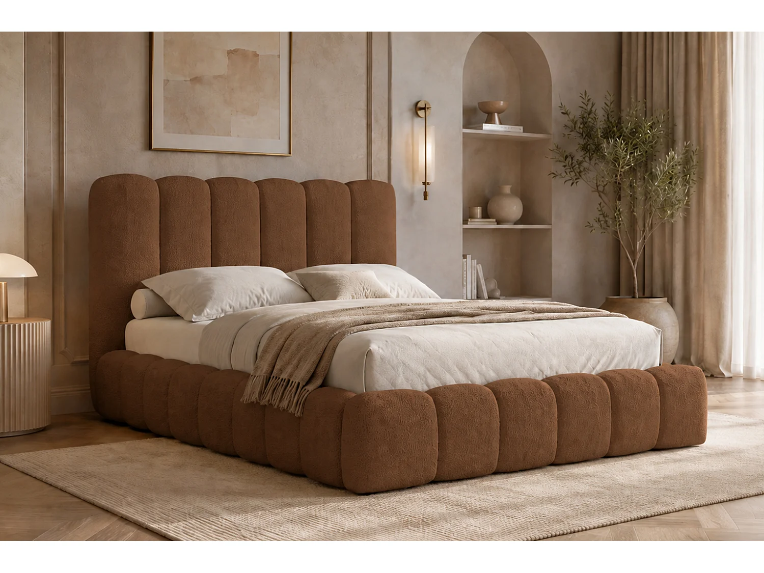 Lit rembourré avec coffre de rangement, tissu chenille Catch Me, marron, 180x200 cm, CANDE