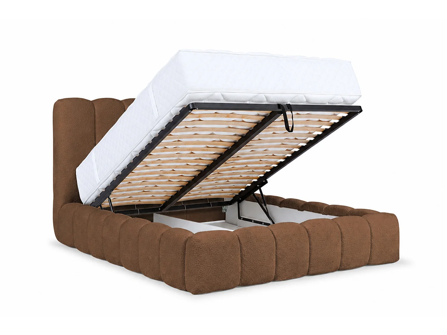 Lit rembourré avec coffre de rangement, tissu chenille Catch Me, marron, 160x200 cm, CANDE