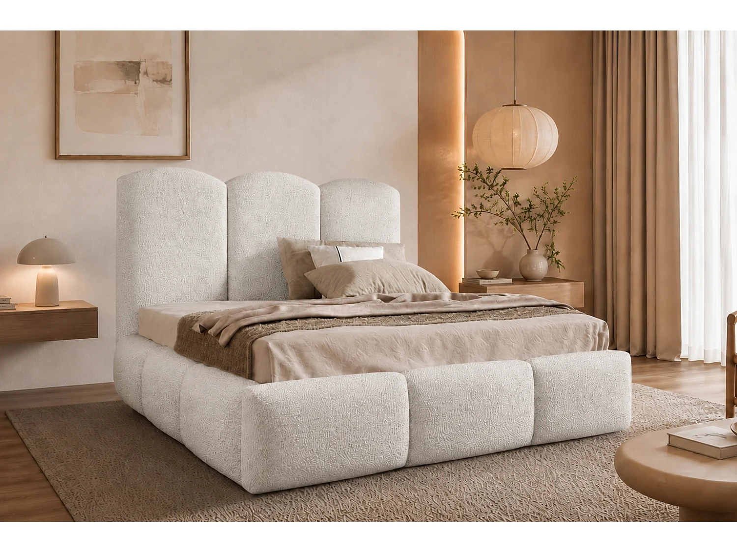 Lit rembourré avec coffre de rangement, tissu bouclé Baloo, écru, 200x200 cm, BERO
