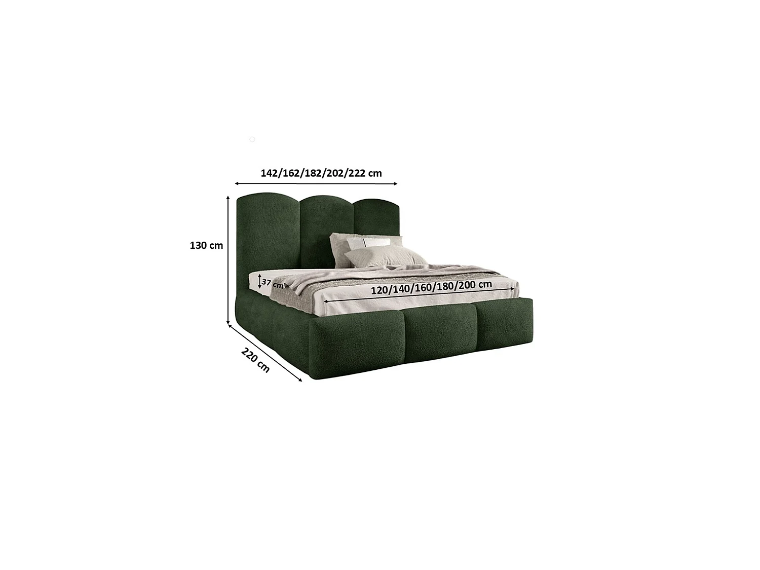 Lit rembourré avec coffre de rangement, tissu bouclé Baloo, vert, 200x200 cm, BERO