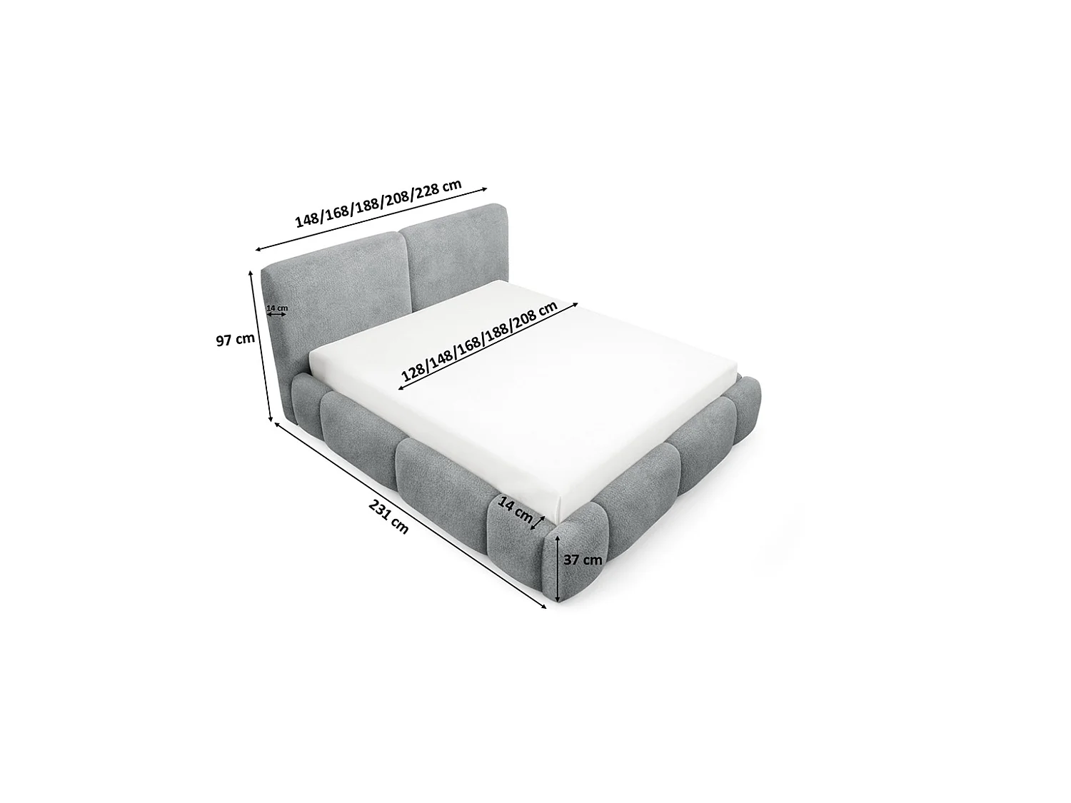 Letto imbottito con contenitore, tessuto bouclé Coral, grigio, 140x200 cm, ABIK