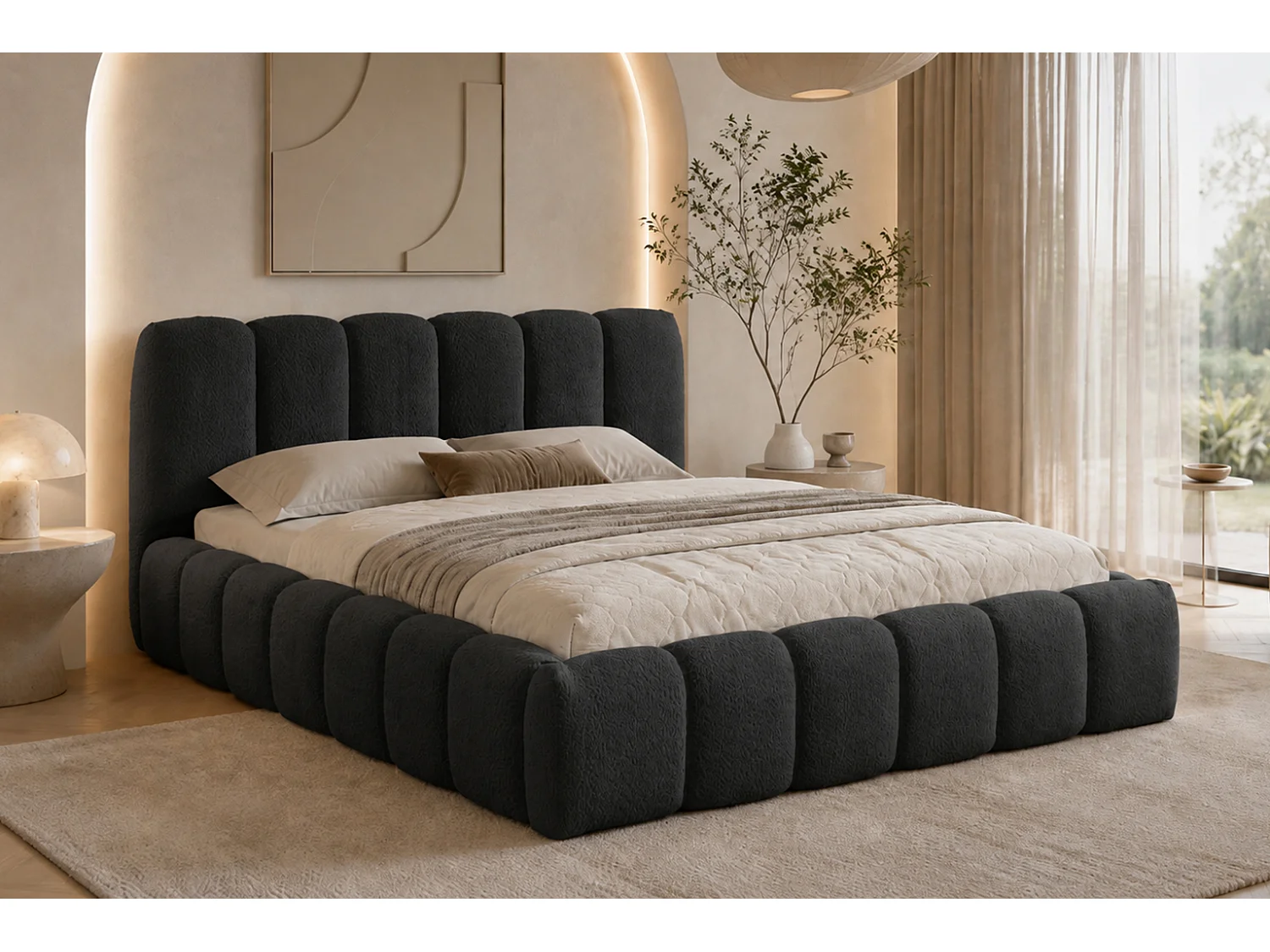 Lit rembourré avec coffre de rangement, tissu chenille Catch Me, noir, 200x200 cm, MICANDI