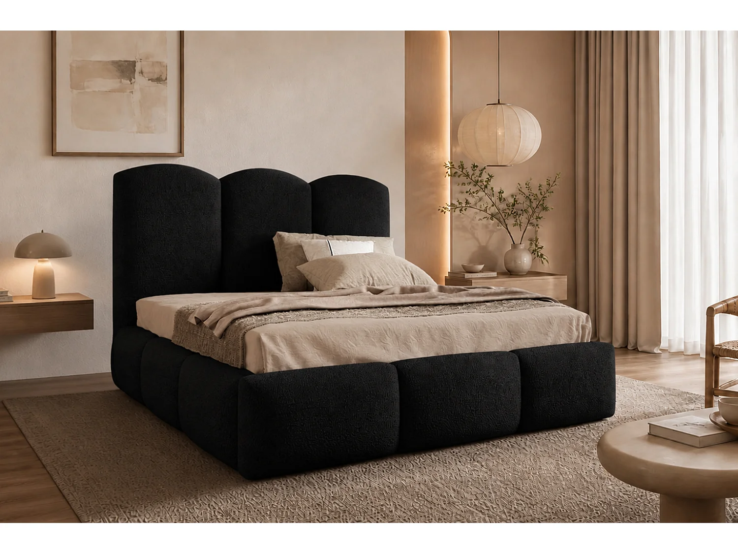 Lit rembourré avec coffre de rangement, tissu bouclé Baloo, noir, 160x200 cm, BERO